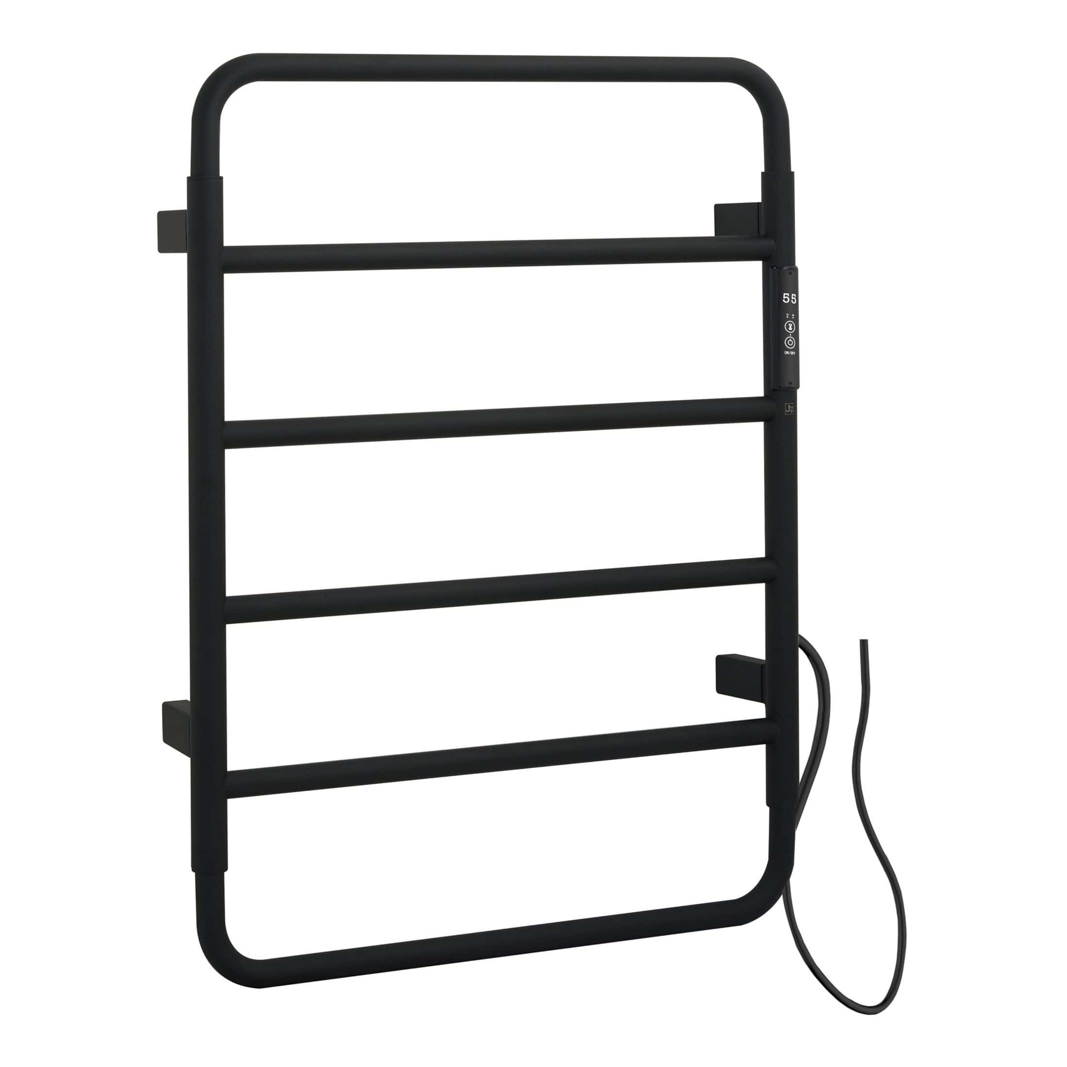 Energy-efficient heated towel rail for bathrooms, featuring sleek black design, digital temperature control, and easy wall mounting for modern bathroom heating solutions.
