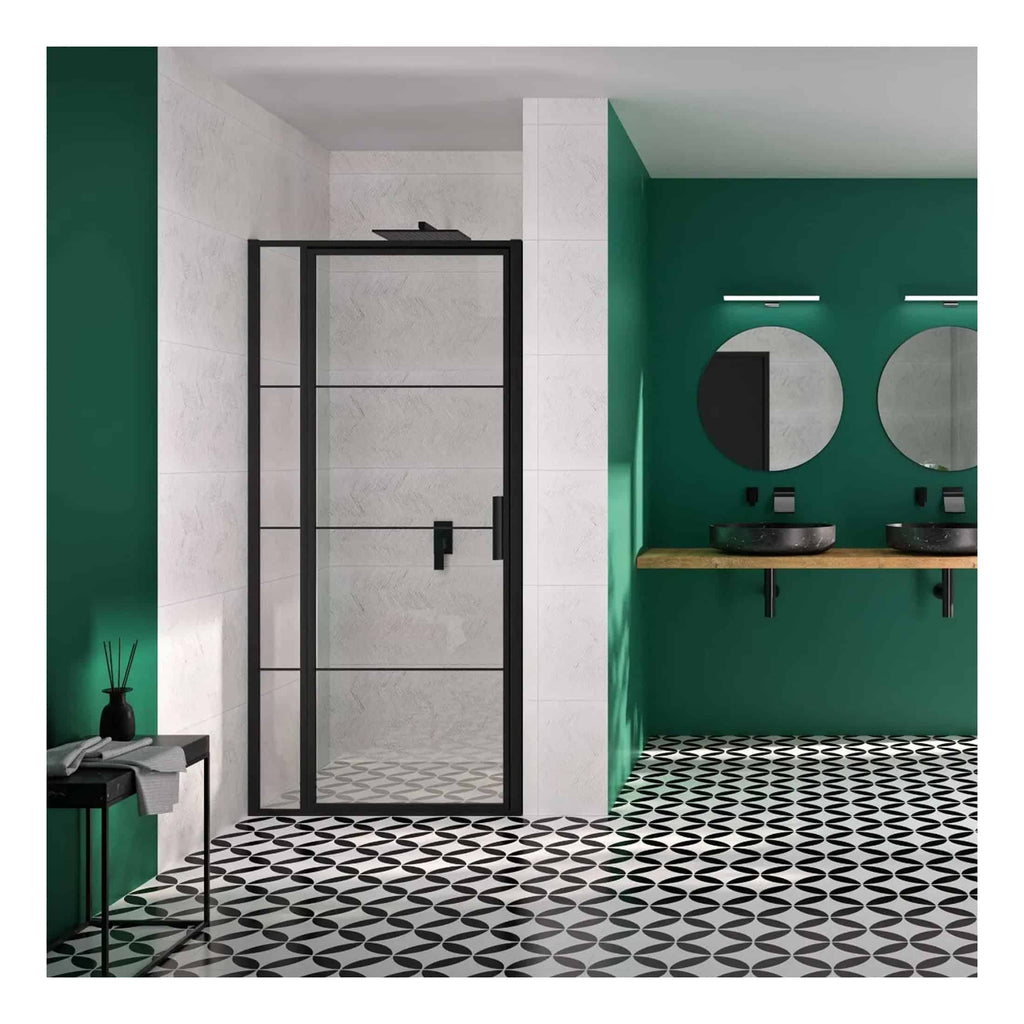 Modern bathroom with black frame shower enclosure, double black vessel sinks, green accent walls, stylish round mirrors, and geometric black and white floor tiles. Perfect for contemporary bathroom design.
