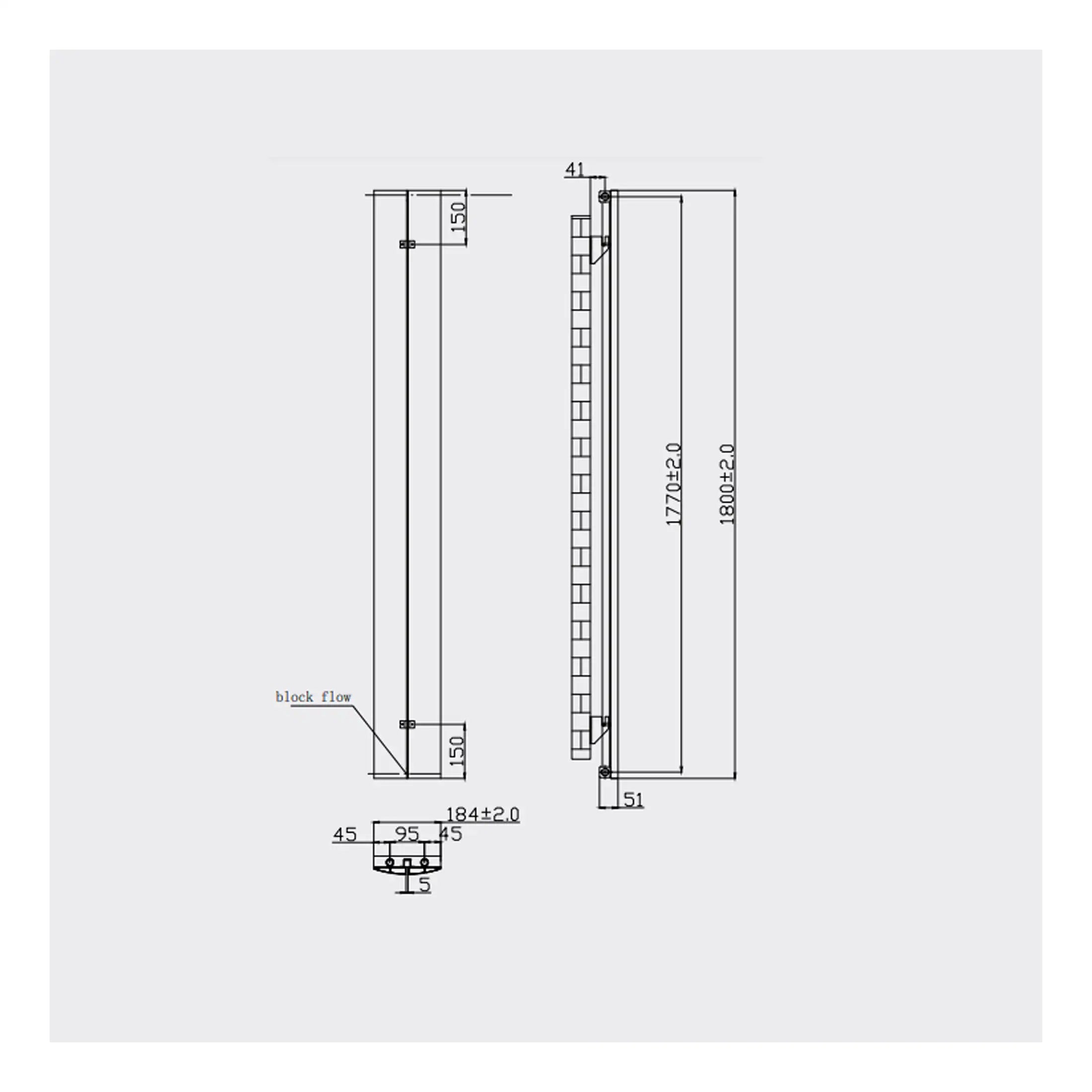 High-quality technical plumbing drawing of a modern shower panel with precise dimensions for custom bathroom installation.