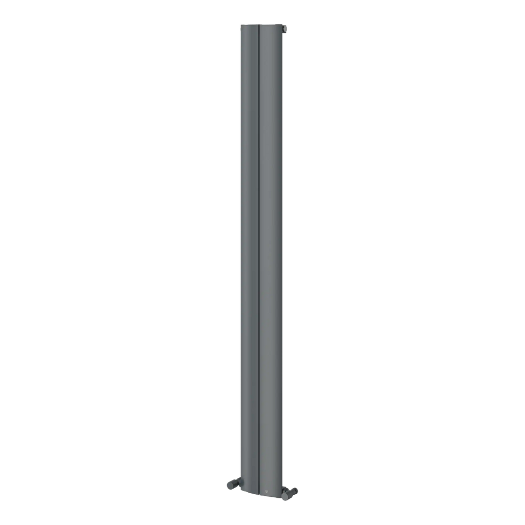 AlT text: Modern grey vertical bathroom radiator, sleek design, perfect for contemporary bathrooms and heating solutions.