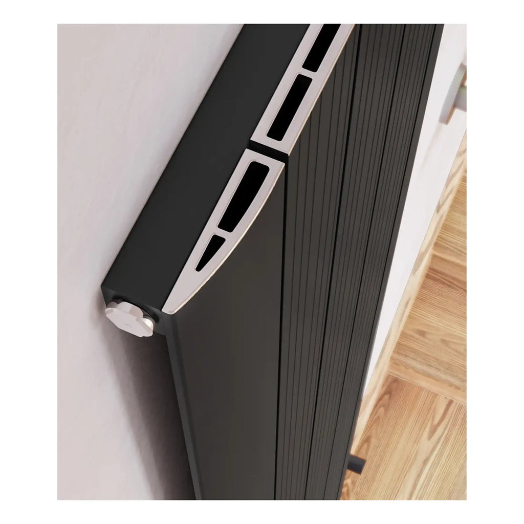 Sleek modern black and stainless steel radiator with horizontal slats, perfect for contemporary bathrooms, providing efficient heating and stylish design.