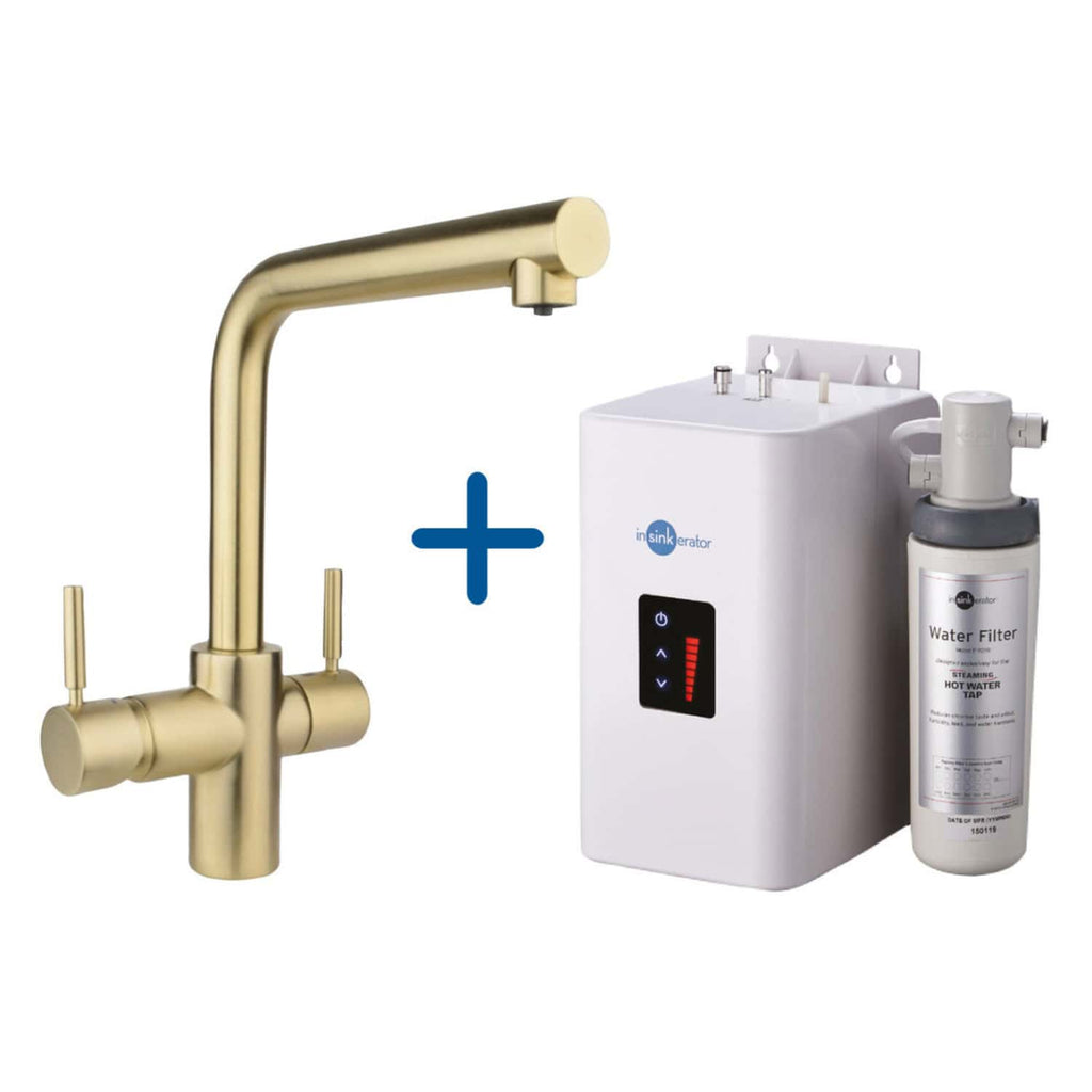 Filtered kitchen sink tap with bronze finish and a water filtration system featuring a counter-top water filter unit and filtration cartridge, ideal for modern bathroom or kitchen upgrades.