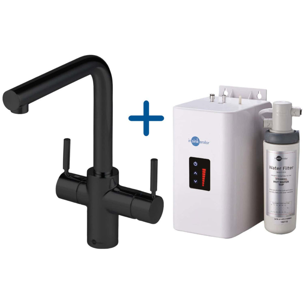 Sleek black kitchen mixer tap with hot and cold handles paired with a compact under-sink water filtration system, ideal for modern bathrooms and kitchens.
