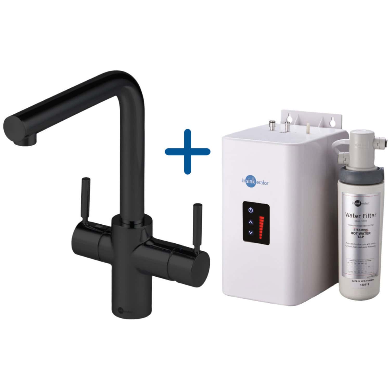 Sleek black kitchen mixer tap with hot and cold handles paired with a compact under-sink water filtration system, ideal for modern bathrooms and kitchens.