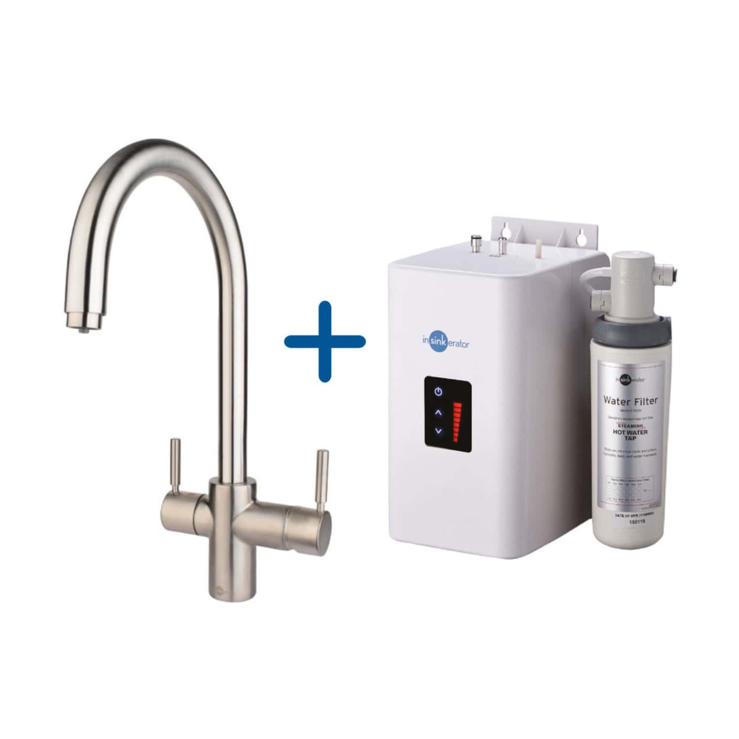 Sleek stainless steel kitchen faucet with a pull-down sprayer paired with a comprehensive under-sink water filtration system for pristine, great-tasting drinking water.