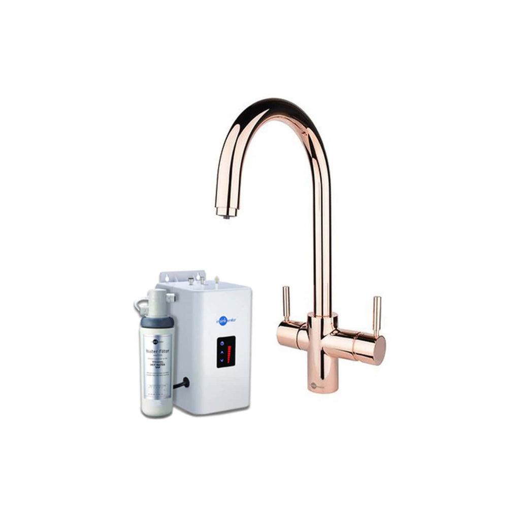 Reverse osmosis water filter system with a sleek rose gold kitchen faucet, suitable for modern bathrooms and kitchens, providing pure and healthy drinking water.