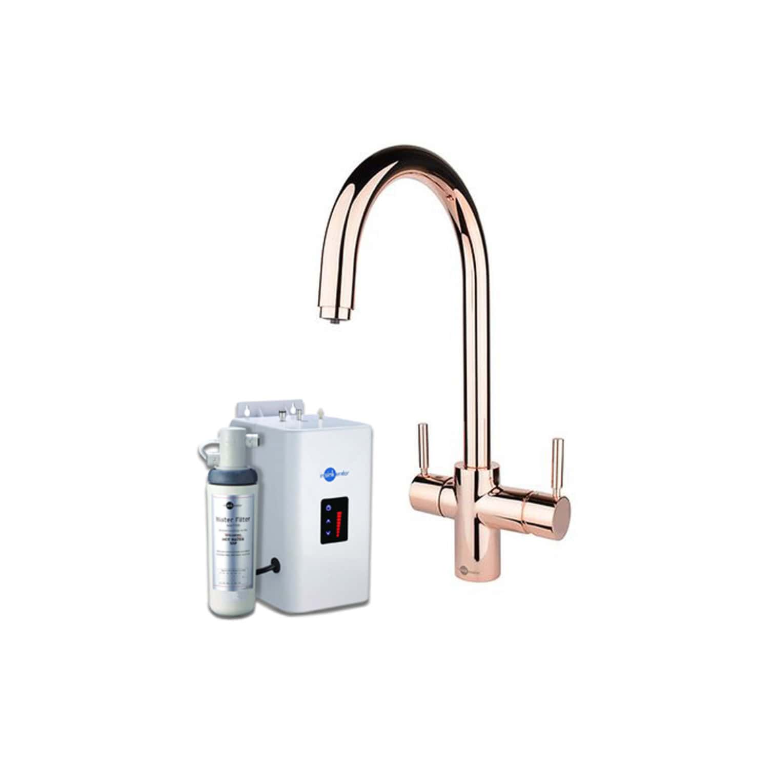 Reverse osmosis water filter system with a sleek rose gold kitchen faucet, suitable for modern bathrooms and kitchens, providing pure and healthy drinking water.
