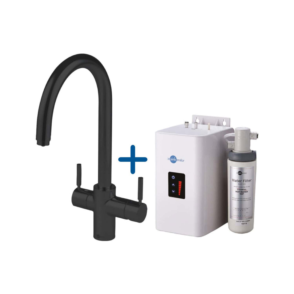 Faucet with water filtration system including reverse osmosis unit and water filter cartridge, ideal for advanced kitchen or bathroom water purification setup.