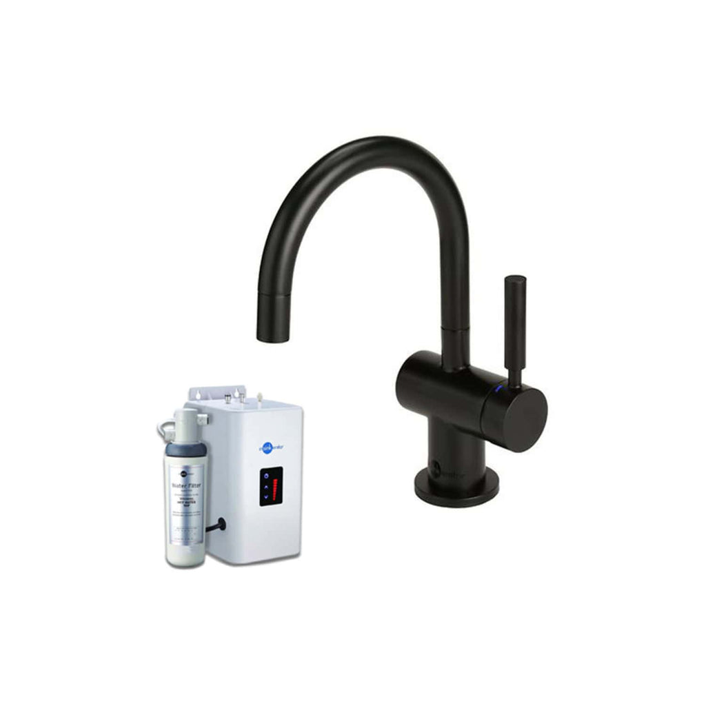 Filtered water tap system with black modern spout and supplementary filter device for clean drinking water at Bubly Bathrooms, UK.