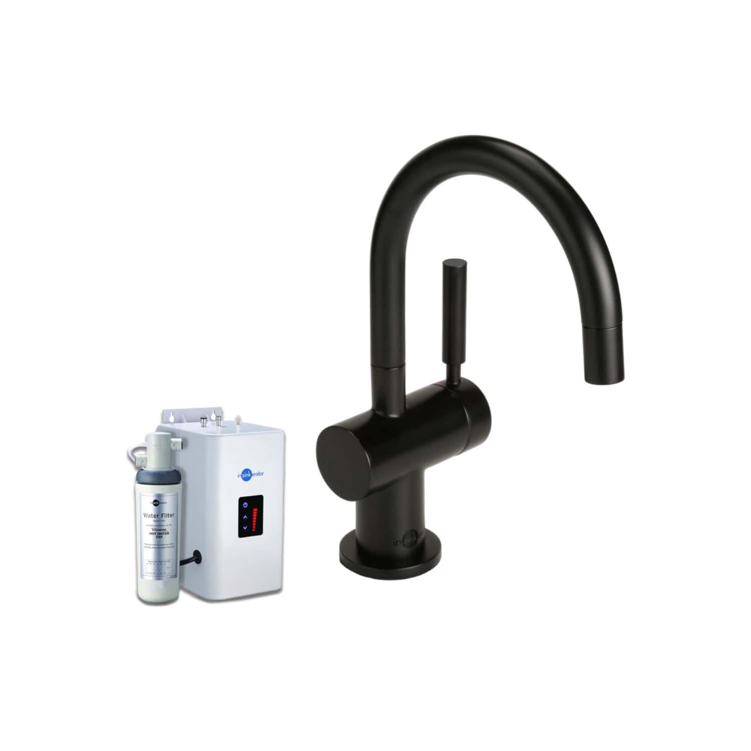 Automatic water filter tap system for purified drinking water in modern Bubly Bathrooms. Sleek black faucet with integrated filtration unit provides clean, fresh water at your sink.
