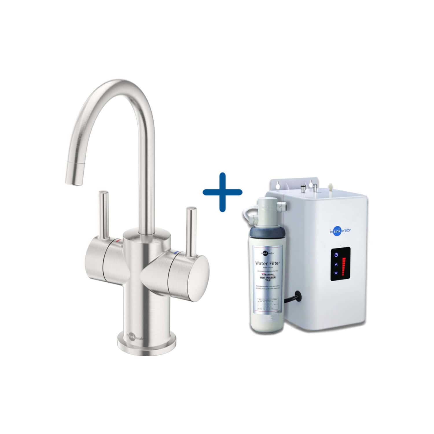 High-quality stainless steel kitchen tap with dual handles, paired with a water filtration system for clean, safe drinking water, ideal for modern bathrooms or kitchens.