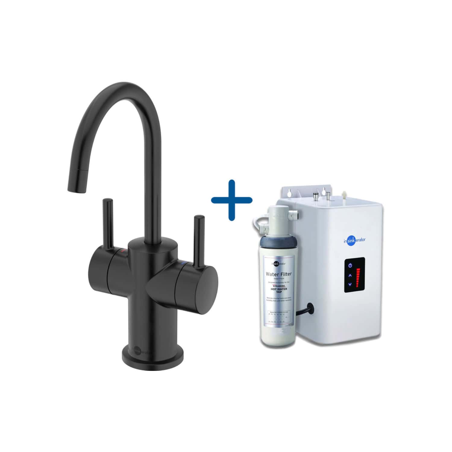 Black kitchen mixer tap with high-arc spout and dual handles, shown alongside a water filtration system for clean, fresh drinking water. Perfect for modern bathrooms and kitchens.