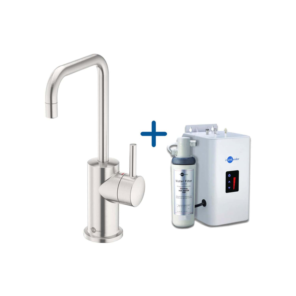 Stainless steel kitchen tap with filtration system and water purifier on plain white background.
