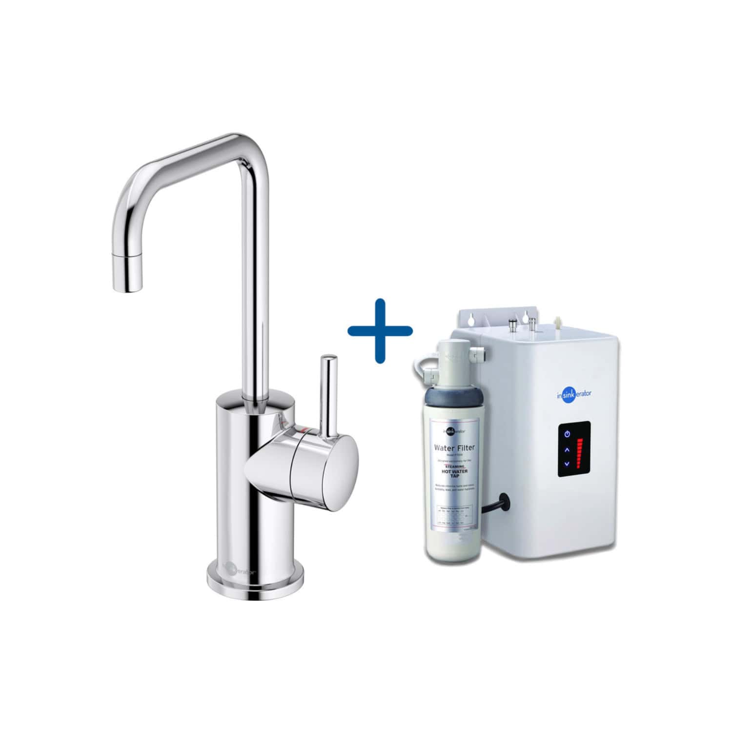 Sleek modern kitchen tap with attached water filtration system, providing clean, fresh filtered water for cooking and drinking. Perfect for contemporary bathrooms and kitchens.