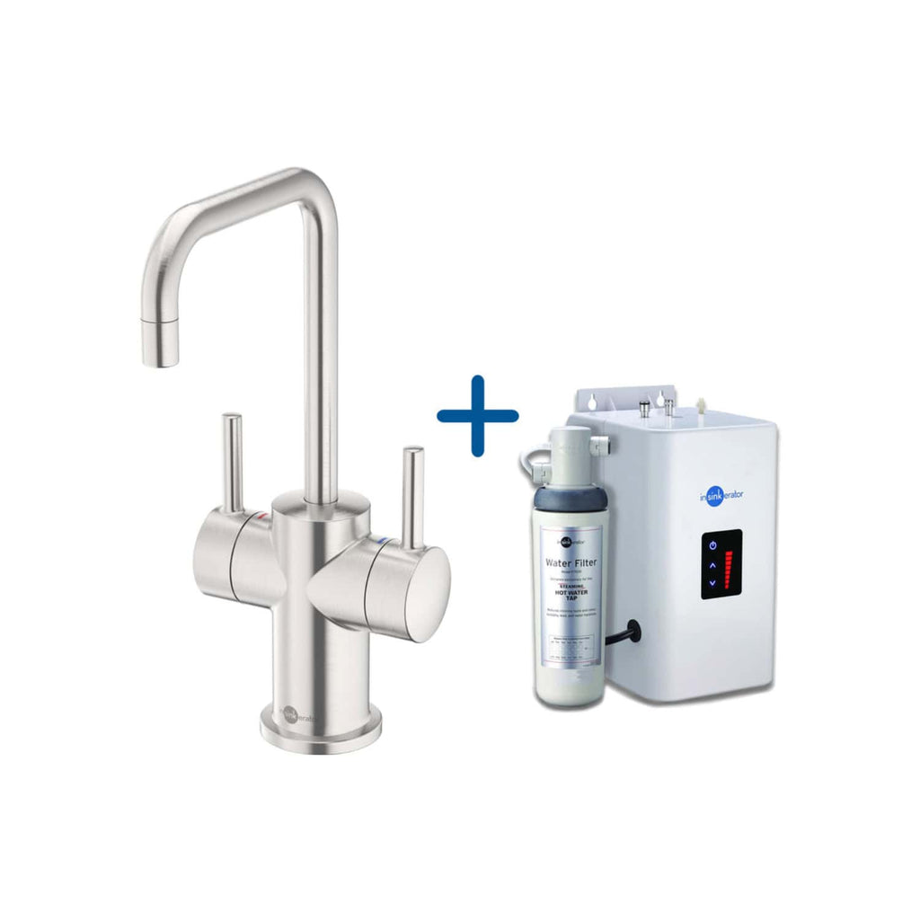 Polished stainless steel kitchen tap with water filtration system and under-sink water filter, ideal for modern bathrooms and kitchens.