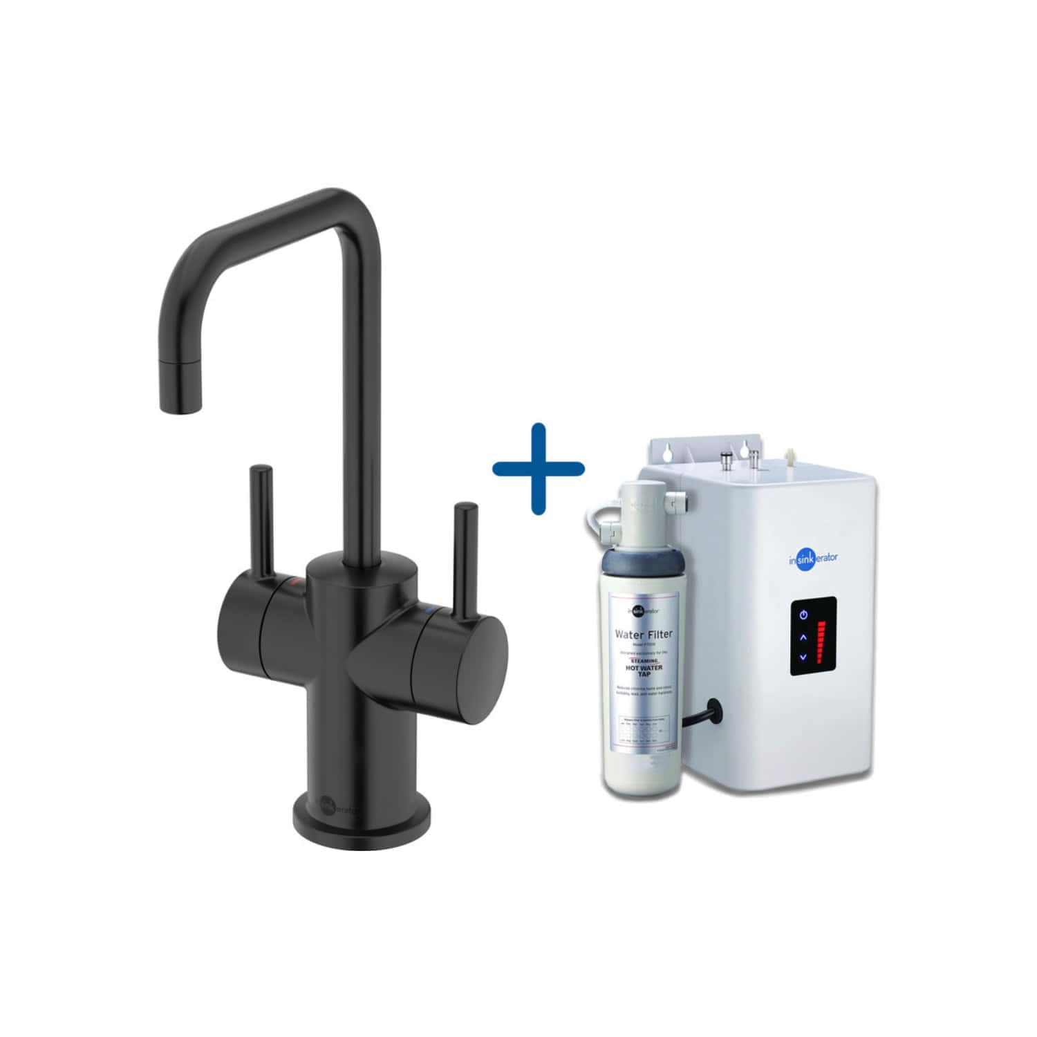 Faucet with black matte finish and water filtration system including filter and water purifier for enhanced kitchen or bathroom water quality.