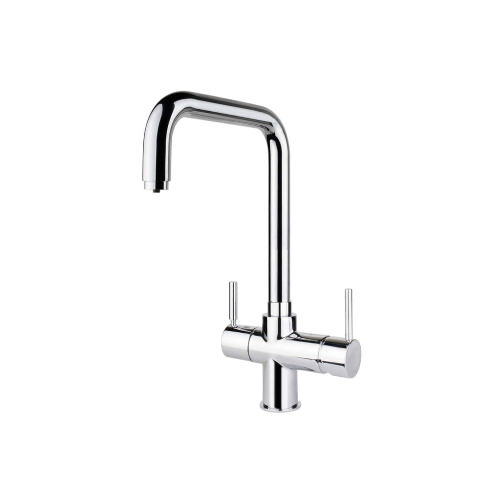 Sleek chrome kitchen tap with high arc spout and dual lever handles, perfect for modern bathroom or kitchen renovation. Durable and stylish, ideal for hot and cold water supply.