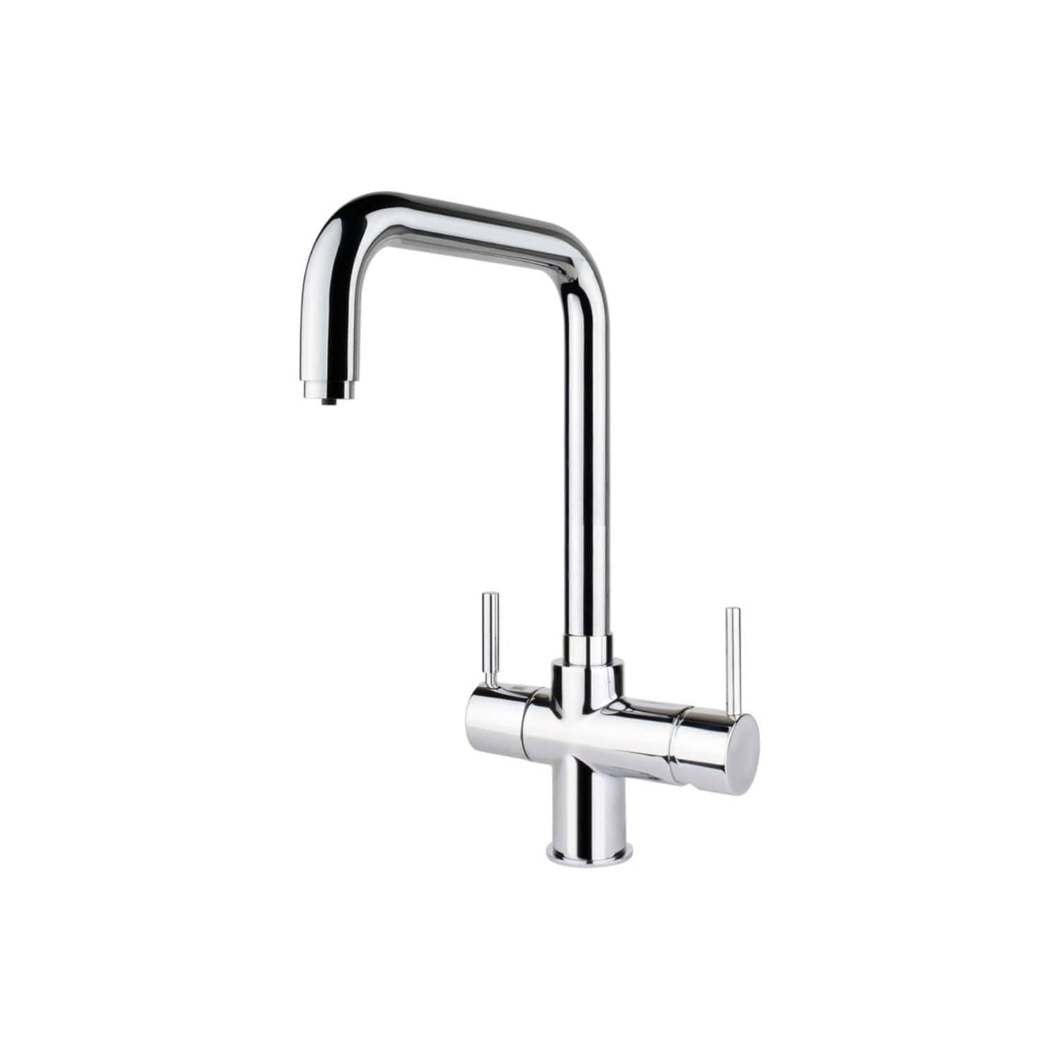 Sleek chrome kitchen tap with high arc spout and dual lever handles, perfect for modern bathroom or kitchen renovation. Durable and stylish, ideal for hot and cold water supply.