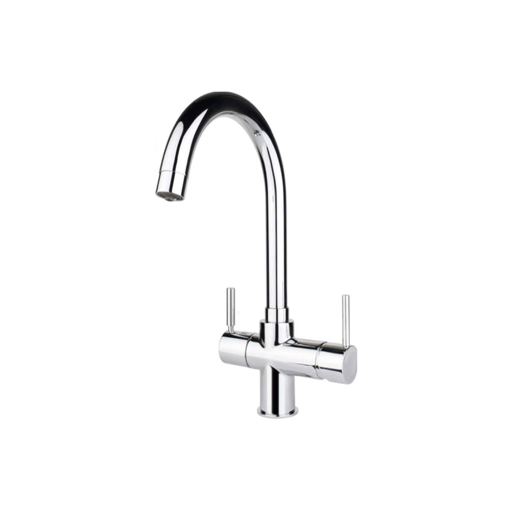 Sleek chrome kitchen tap with high-arc spout and dual lever handles, ideal for modern bathrooms and kitchens. Perfect for water efficiency and style, from Bubly Bathrooms.