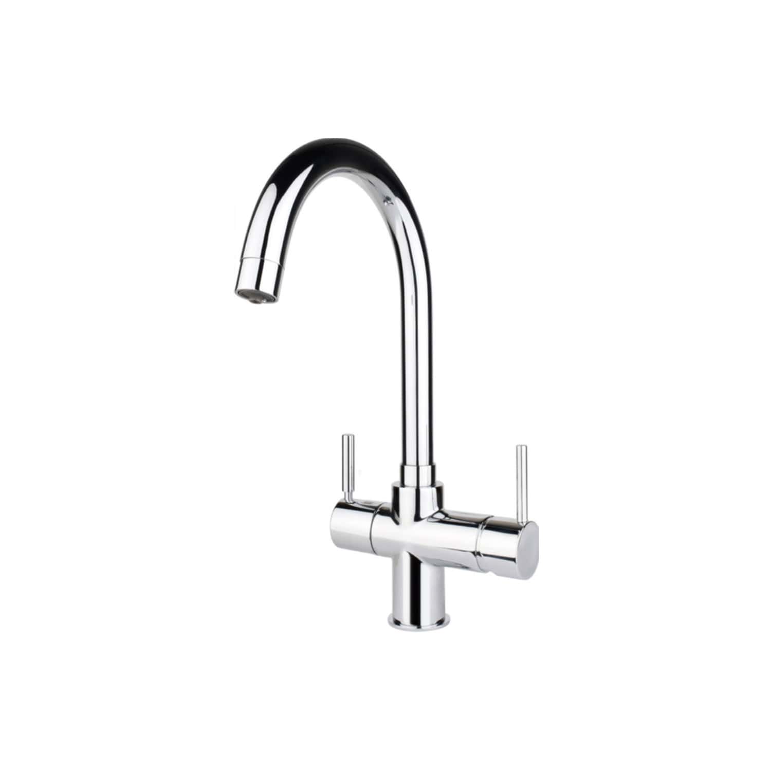 Sleek chrome kitchen tap with high-arc spout and dual lever handles, ideal for modern bathrooms and kitchens. Perfect for water efficiency and style, from Bubly Bathrooms.