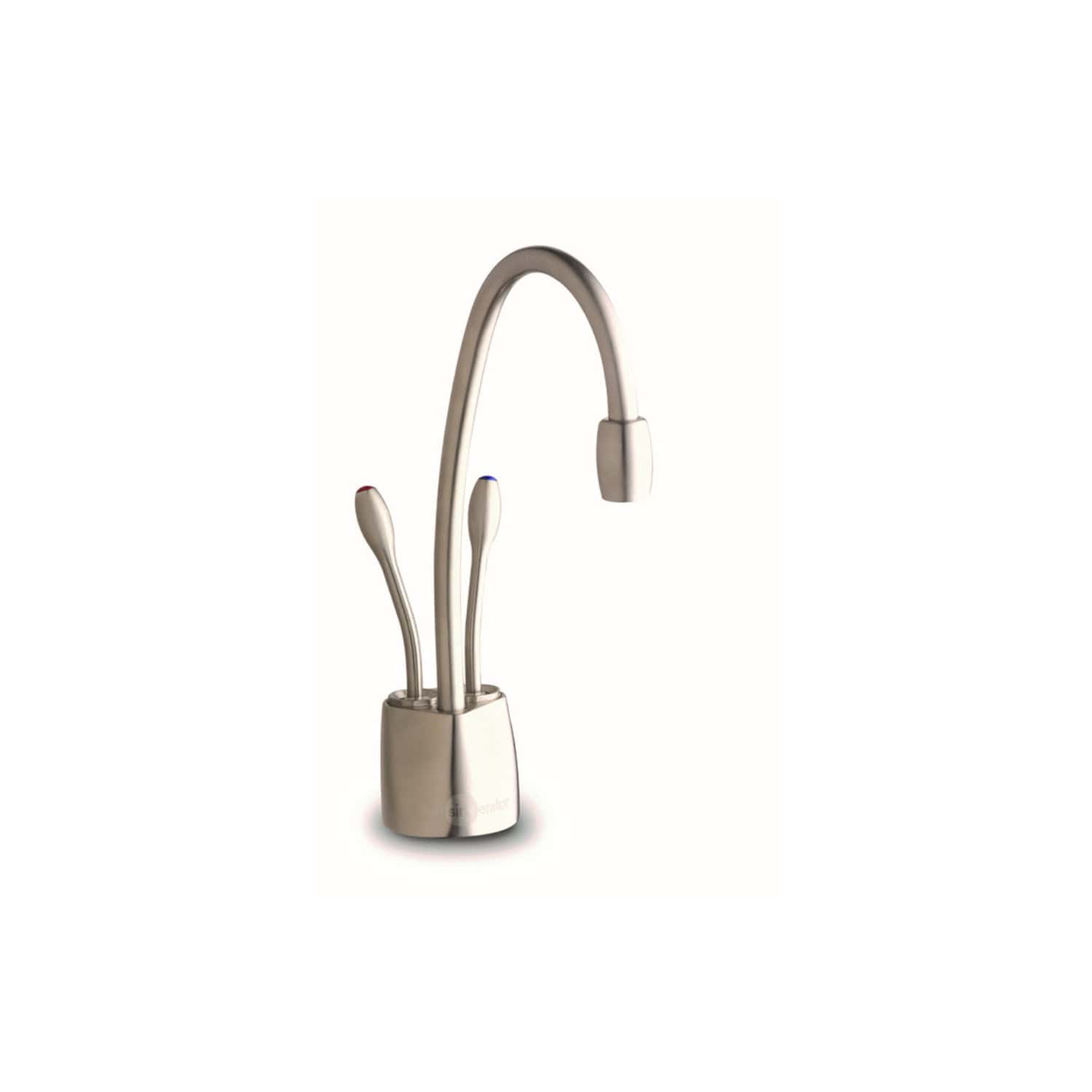 Sleek stainless steel bubly kitchen tap with modern design, high-arc spout, and dual lever handles for hot and cold water, ideal for contemporary bathroom or kitchen remodel.