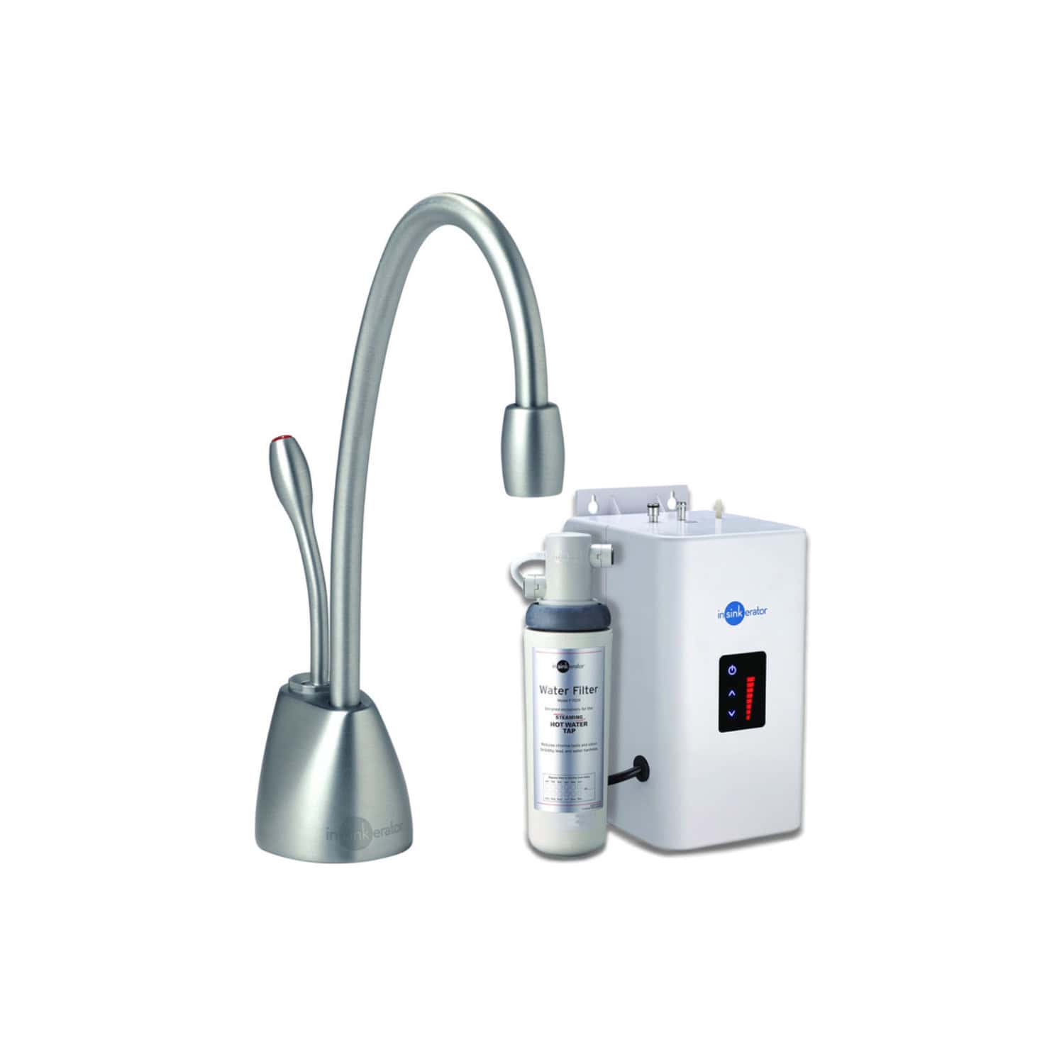 Stainless steel drinking water dispenser with water filtration system and hot water boiler, ideal for office or home kitchens.