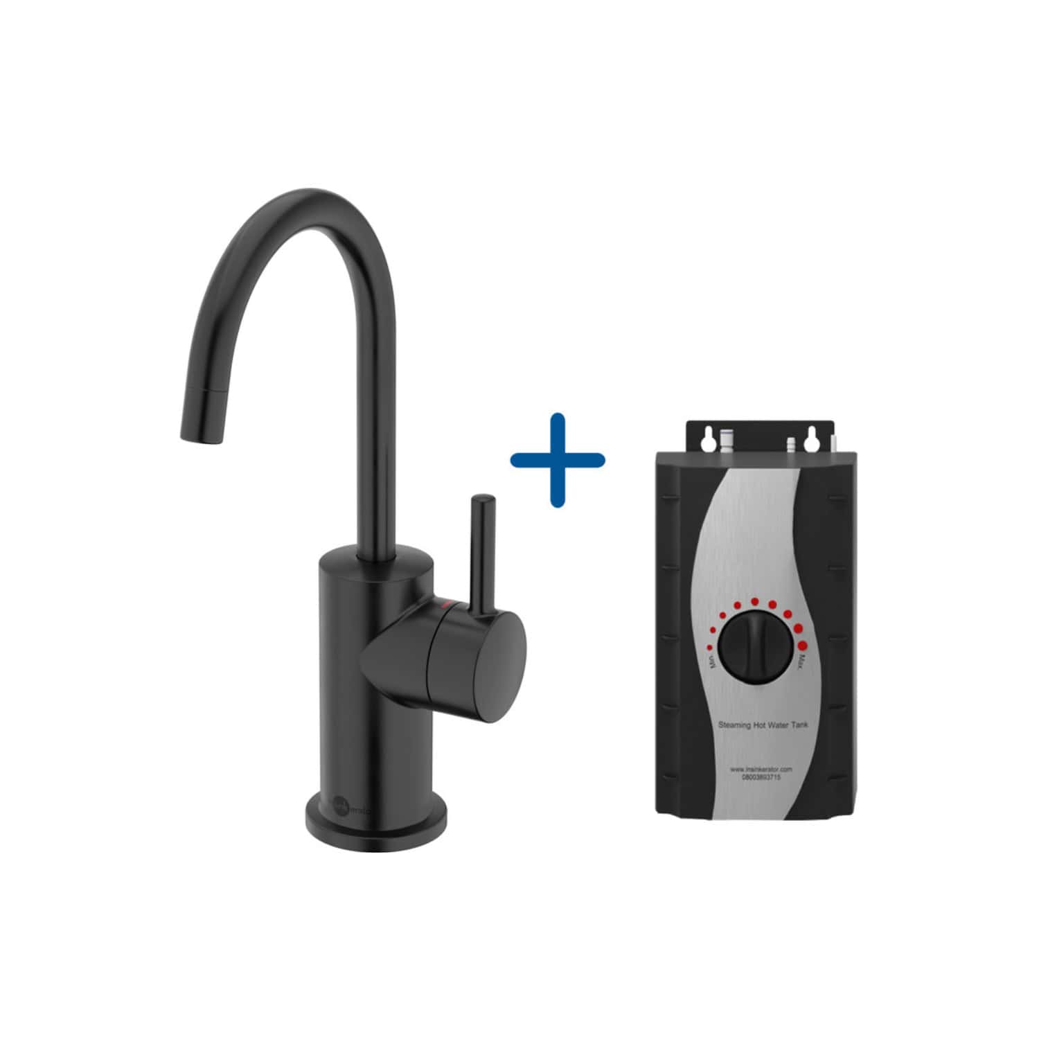 Flexible black kitchen tap with a sleek curved design and single lever control, paired with a thermostatic hot water mixing valve for year-round comfort and safety in the kitchen.