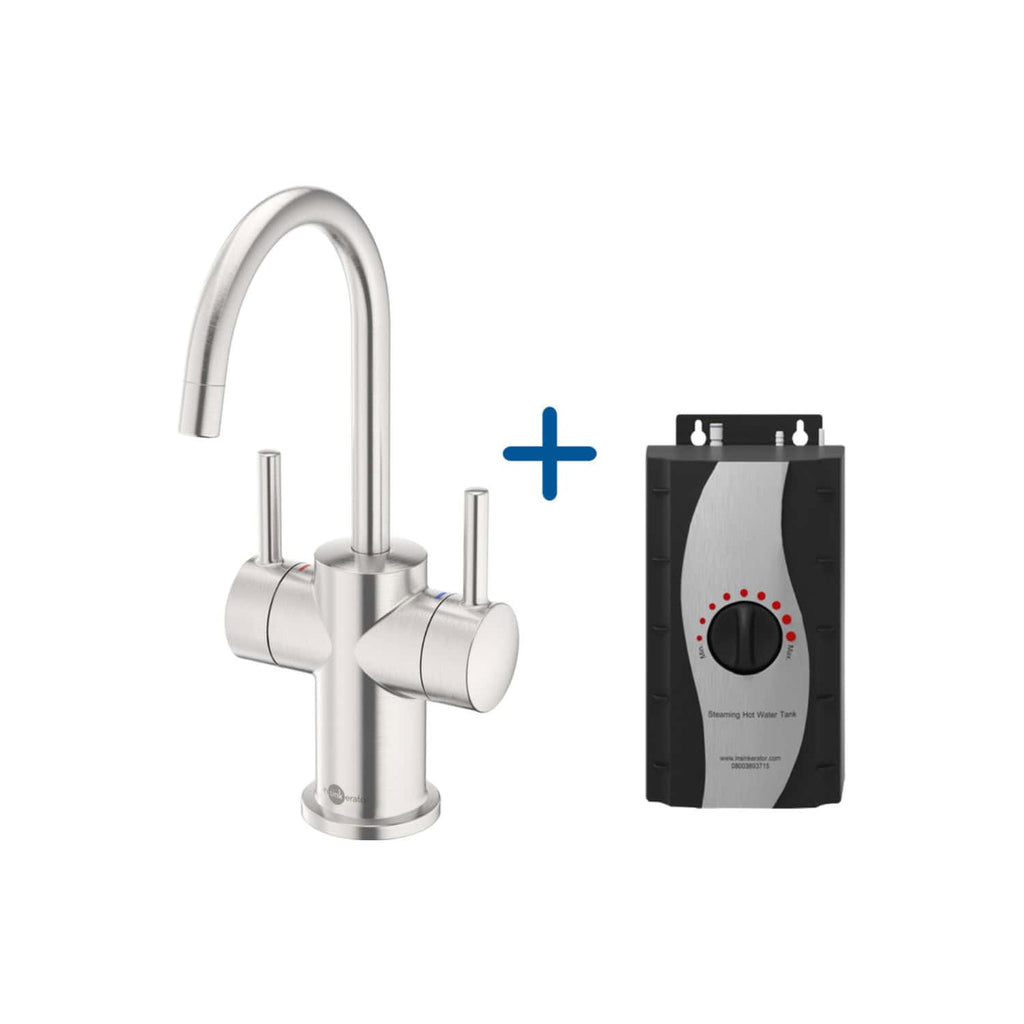 Chrome kitchen tap with built-in filtration system and electric water heater, ideal for modern bathrooms and kitchens, providing hot and cold filtered water efficiently.