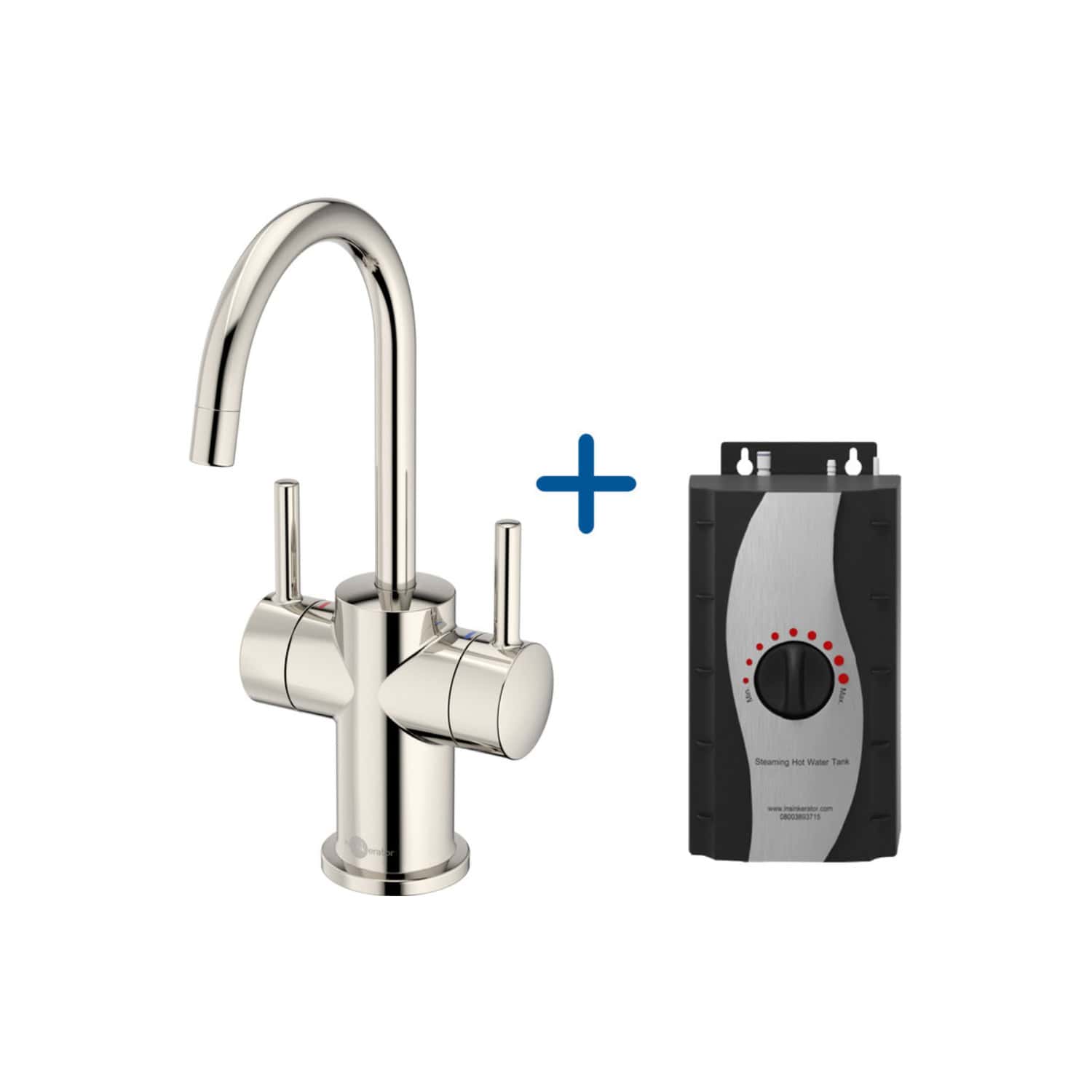 Brushed stainless steel kitchen tap with a high-arc spout and dual lever handles, paired with a steaming hot water tank for instant hot water access. Ideal for modern bathrooms and kitchens.