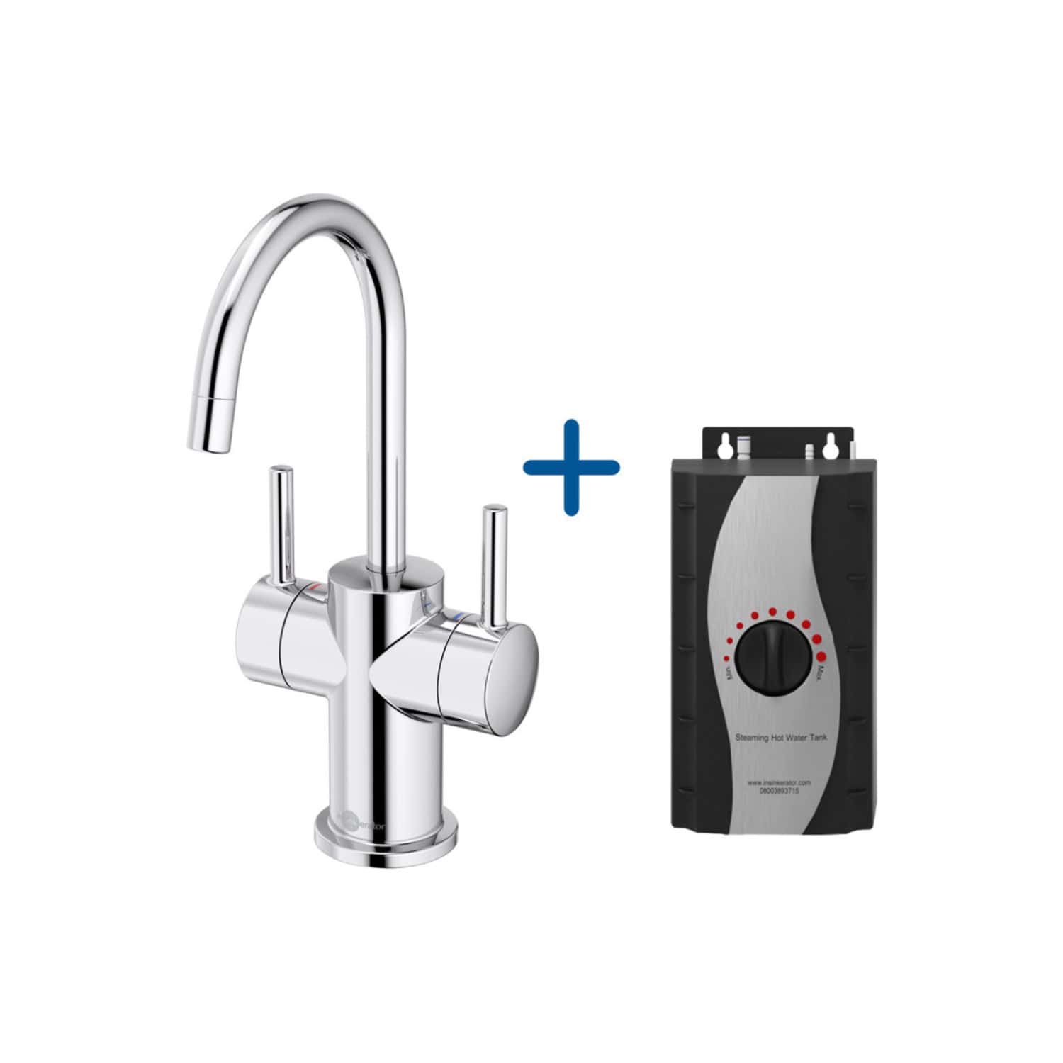 Chrome kitchen tap with hot water tank, ideal for modern bathroom sinks and kitchen installations, featuring easy control and durable construction.