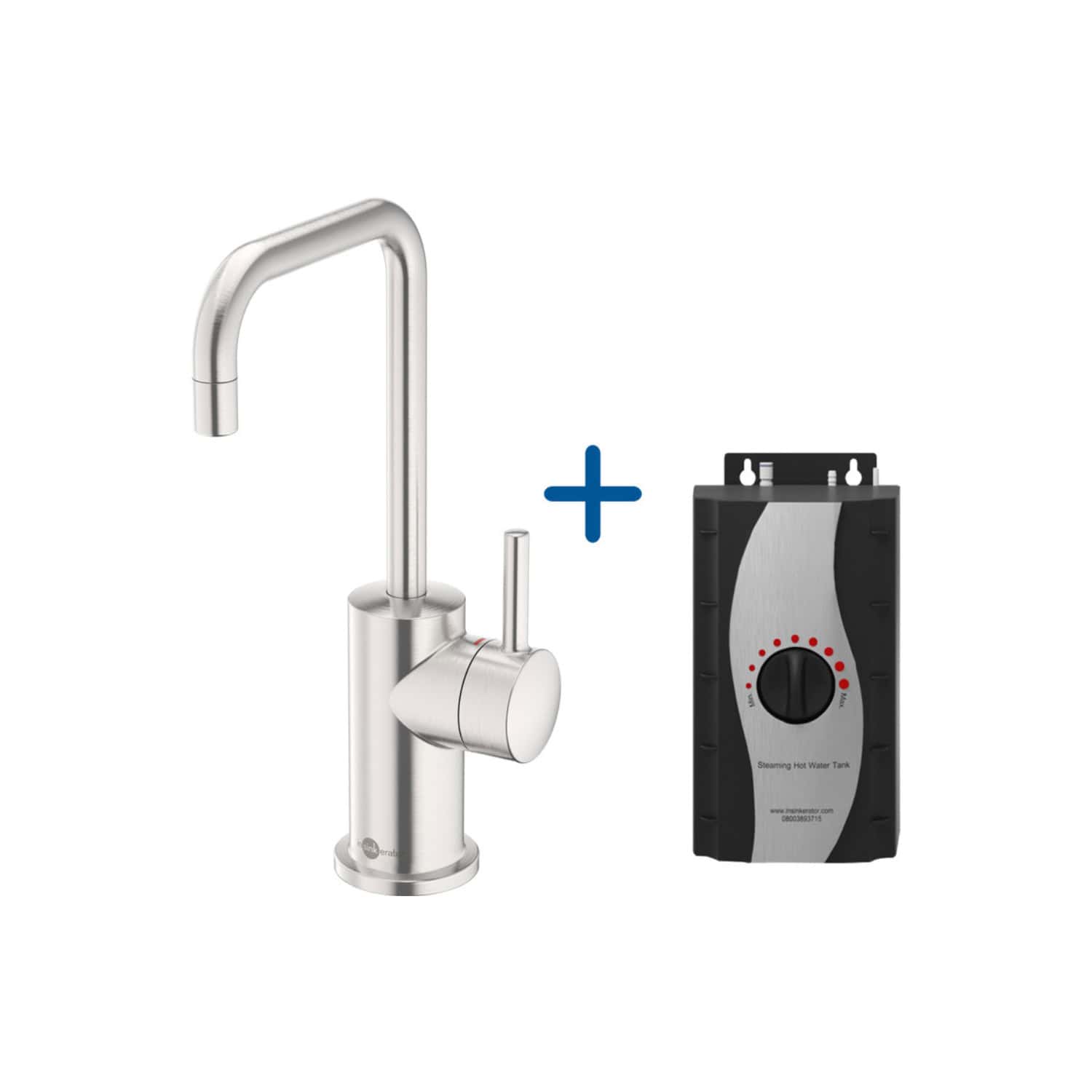 Brushed stainless steel kitchen sink faucet with pull-out spray, paired with a digital hot water temperature controller for precise and instant hot water in modern bathrooms or kitchens.