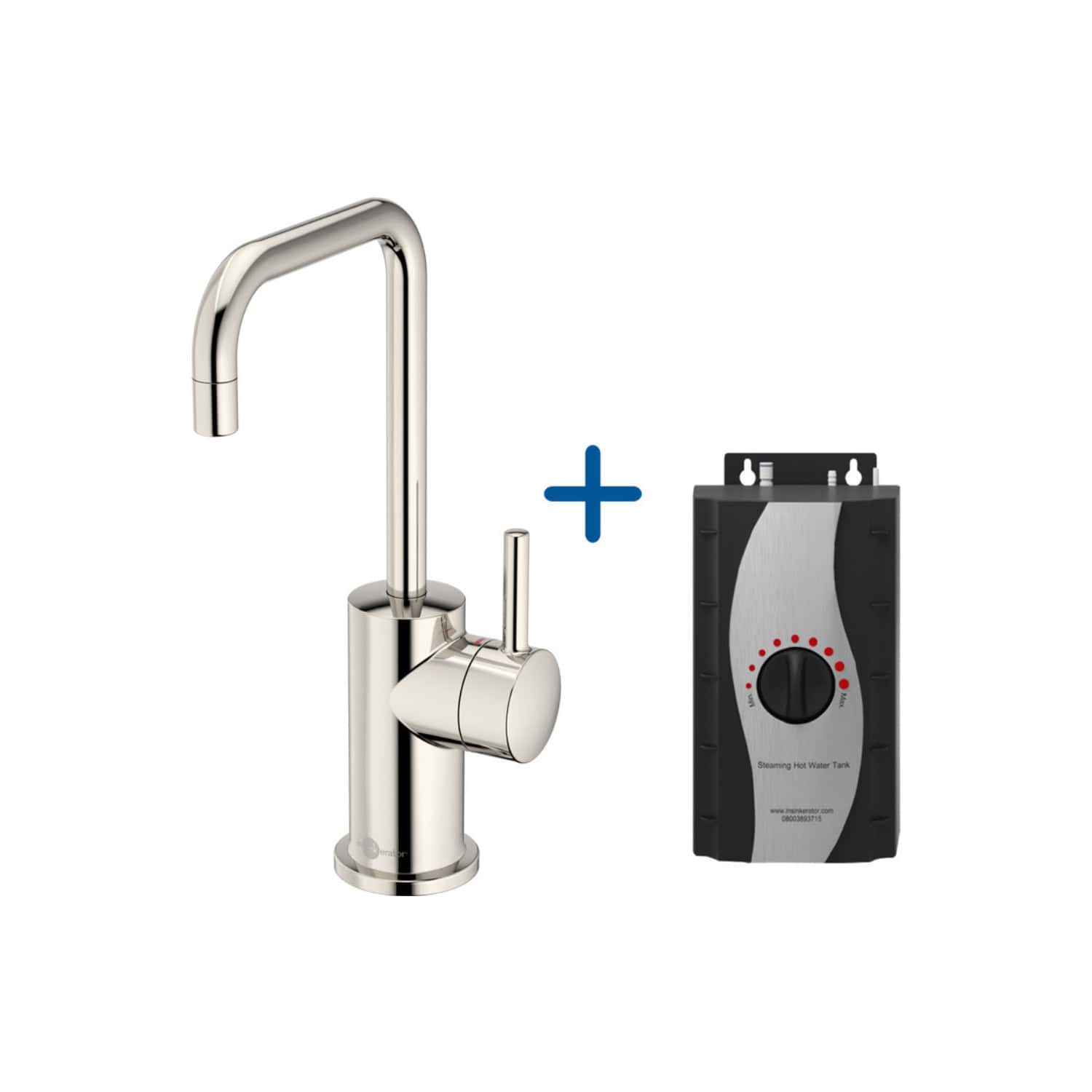Sleek stainless steel kitchen tap with built-in temperature control, accompanied by a hot water boiler thermostat for precise temperature regulation, ideal for modern bathroom or kitchen upgrades.