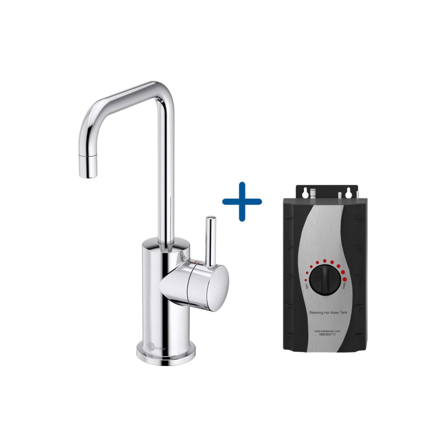 Chrome kitchen sink tap with hot water temperature controller and steaming hot water tank; ideal for modern bathroom and kitchen upgrades.