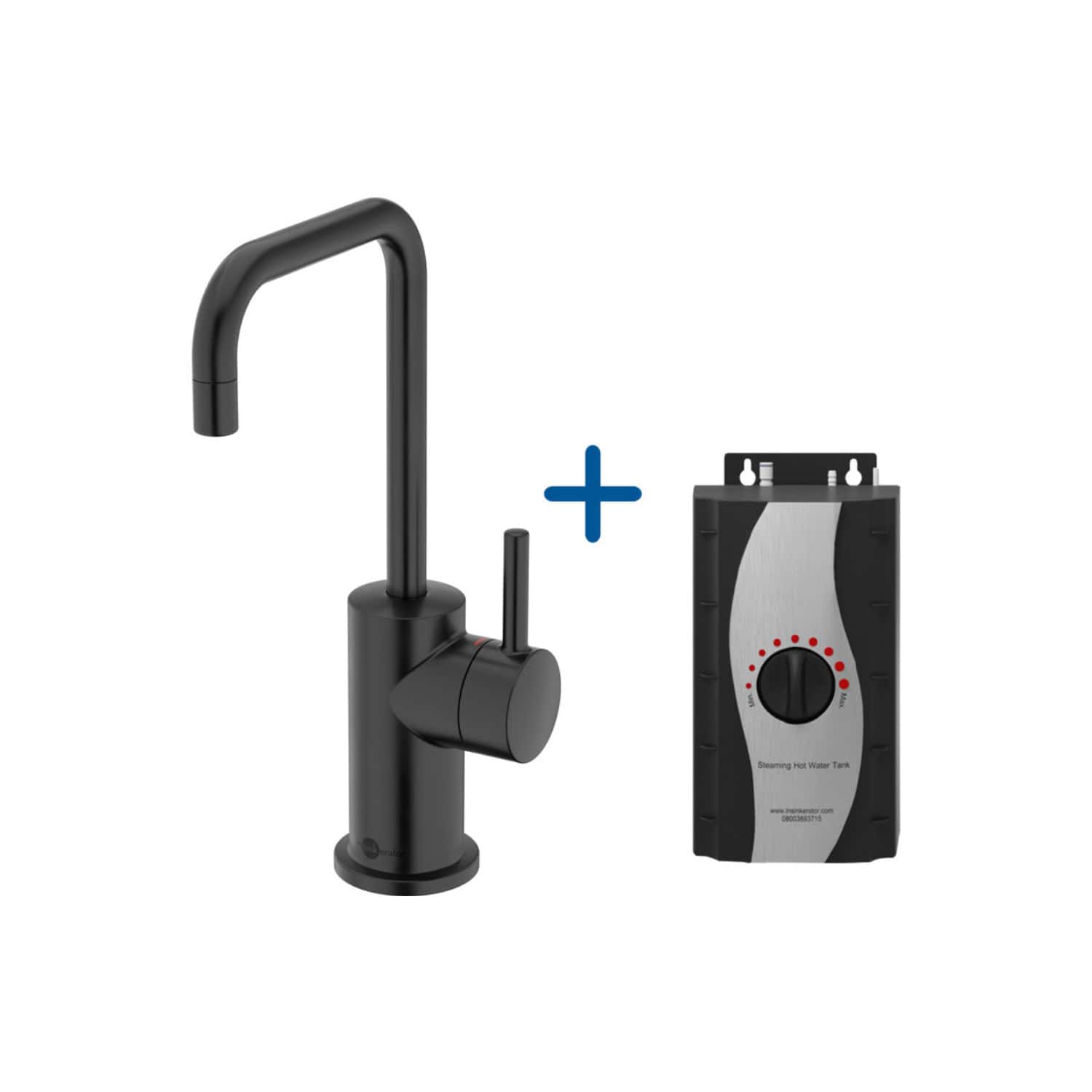 Flexible black kitchen or bathroom tap with single lever and a geothermal hot water tank thermostatic control. Ideal for modern wet room or kitchen installations.