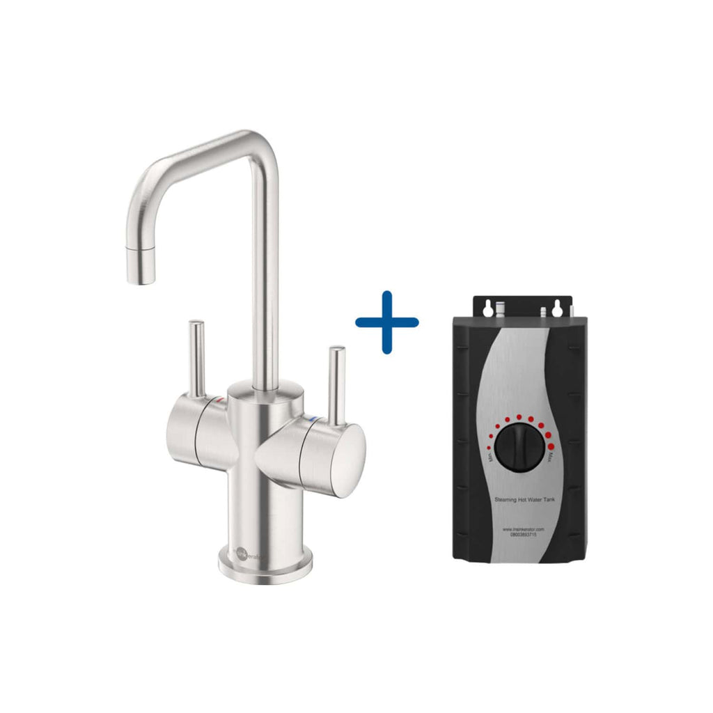 Replacement kitchen tap with built-in aerator and a hot water tank thermostat control device for efficient hot water management. Suitable for modern bathroom or kitchen plumbing installations.