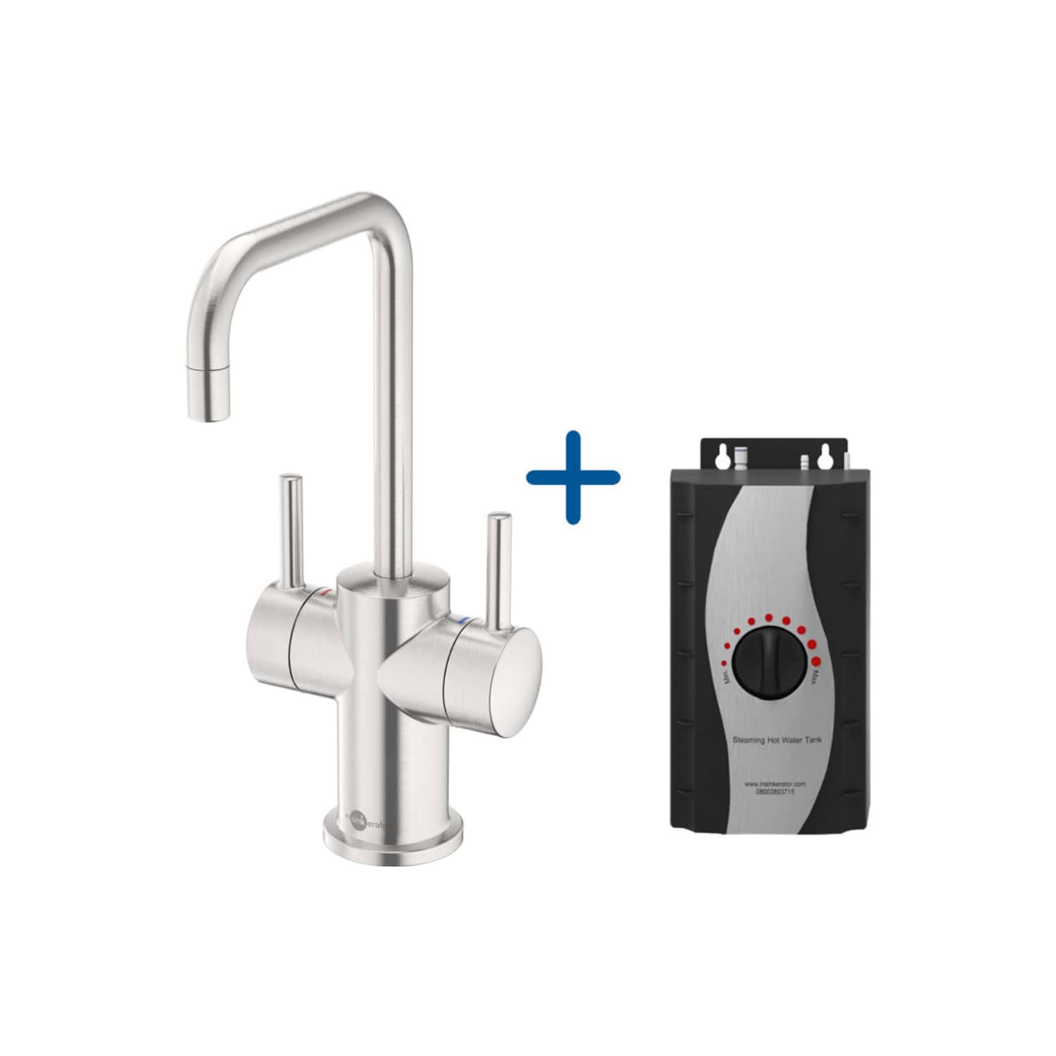 Replacement kitchen tap with built-in aerator and a hot water tank thermostat control device for efficient hot water management. Suitable for modern bathroom or kitchen plumbing installations.