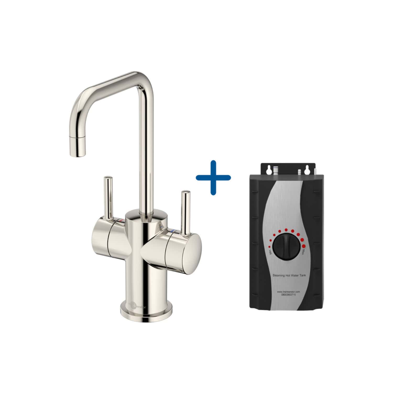 Flexible kitchen tap with integrated hot water heater control unit for instant boiling water supply; ideal for modern bathroom and kitchen fixtures.