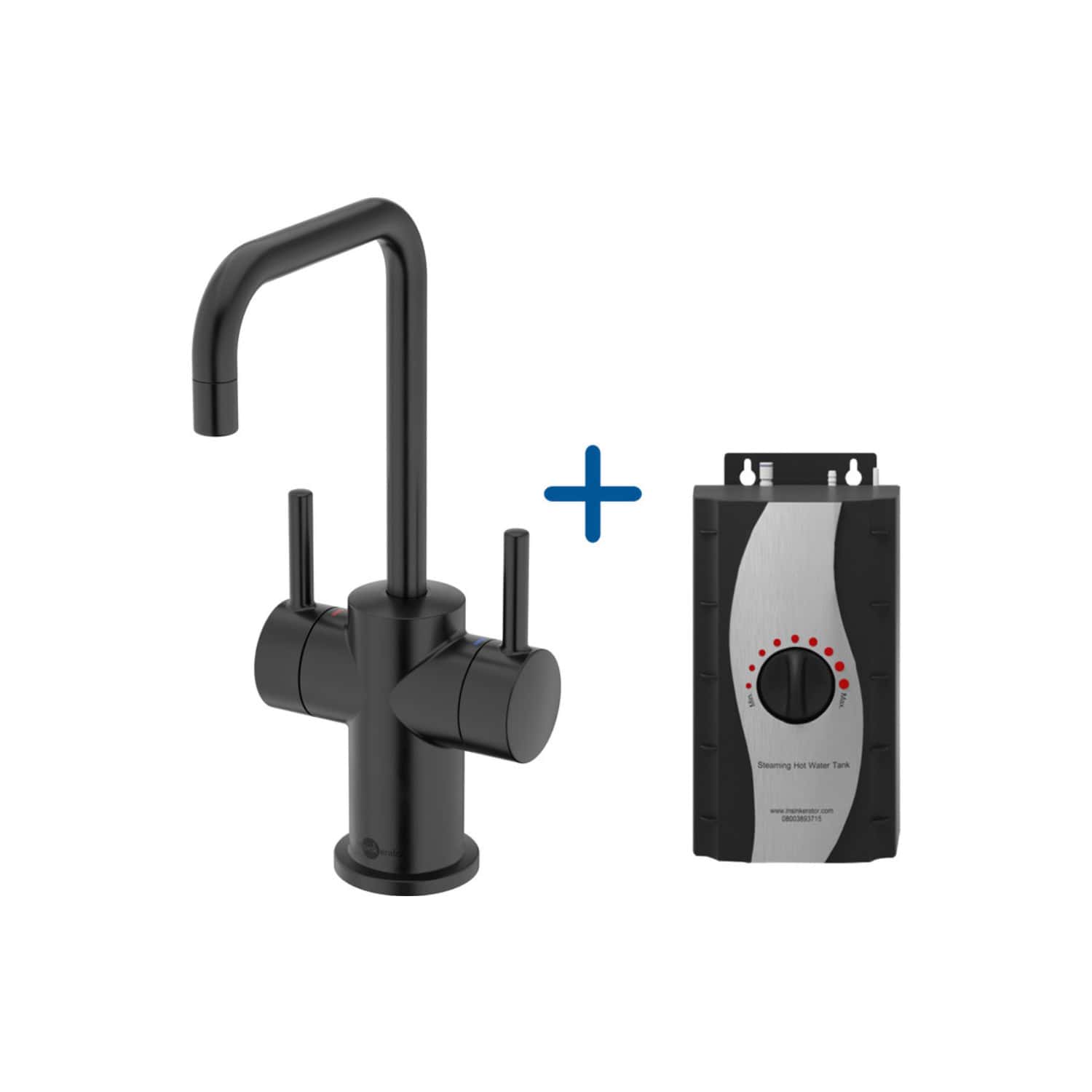 Black kitchen mixer tap with a matte finish, included with a temperature control device for precise hot water regulation from bubly.co.uk.