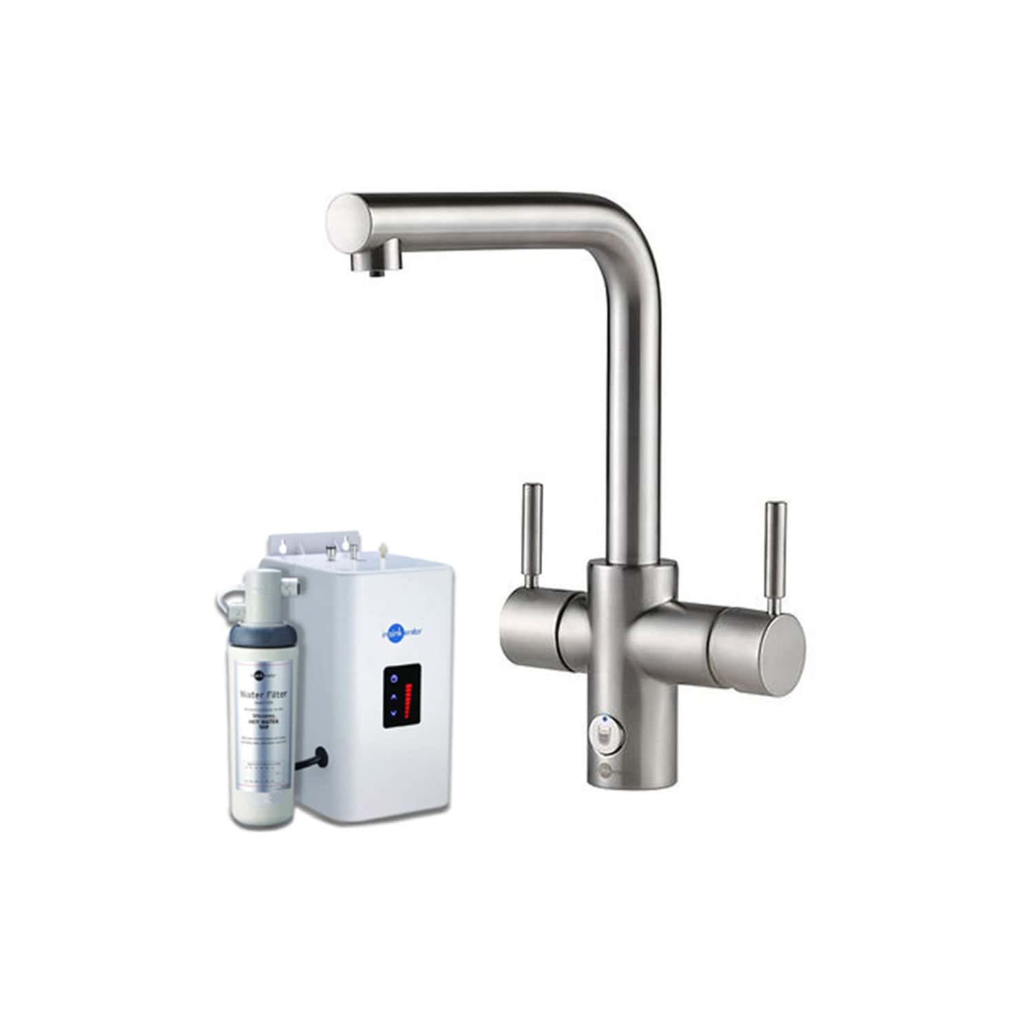 Stainless steel kitchen faucet with integrated water filtration system for enhanced water quality at Bubly Bathrooms. Modern design, durable material, perfect for residential kitchens.