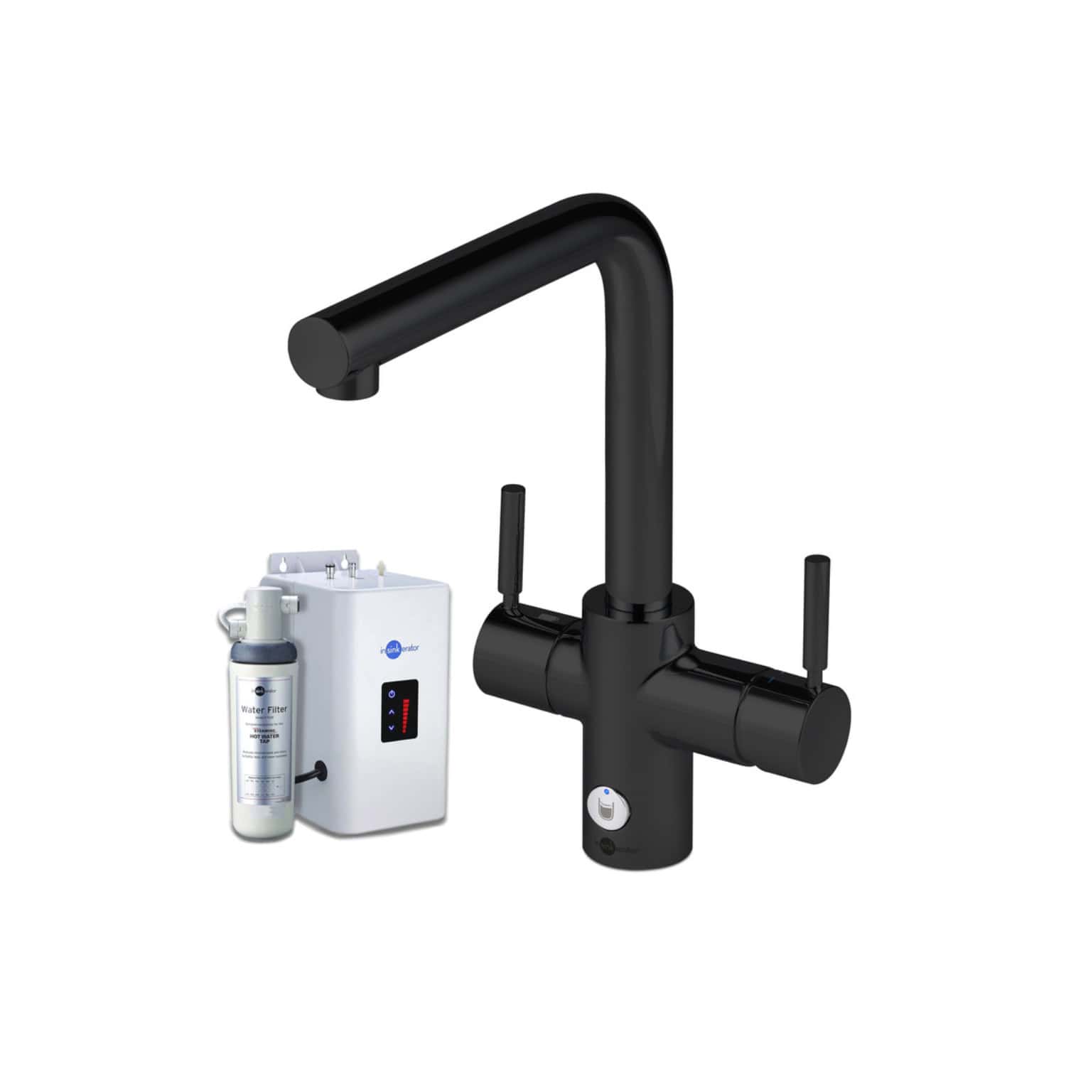 Bare black kitchen tap with built-in filter system and water purifier attachment, ideal for modern bathroom renovations and improving tap water quality.