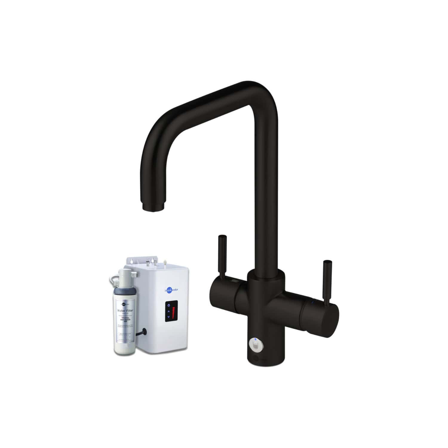 High-arc black kitchen tap with integrated water filter system and filtration cartridge for purified drinking water, ideal for modern bathroom and kitchen renovations.