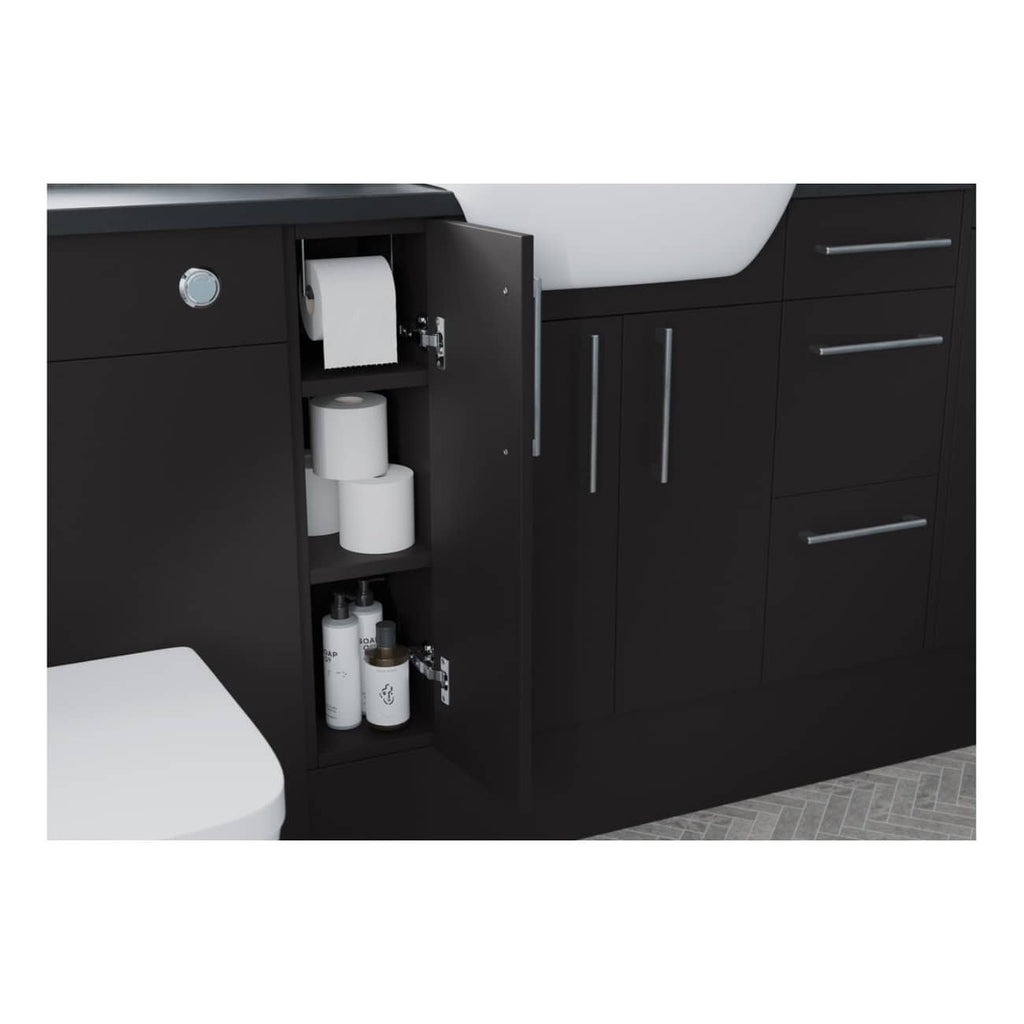 Toilet paper and bathroom storage cabinets with black finish and silver handles in a modern bathroom setting.