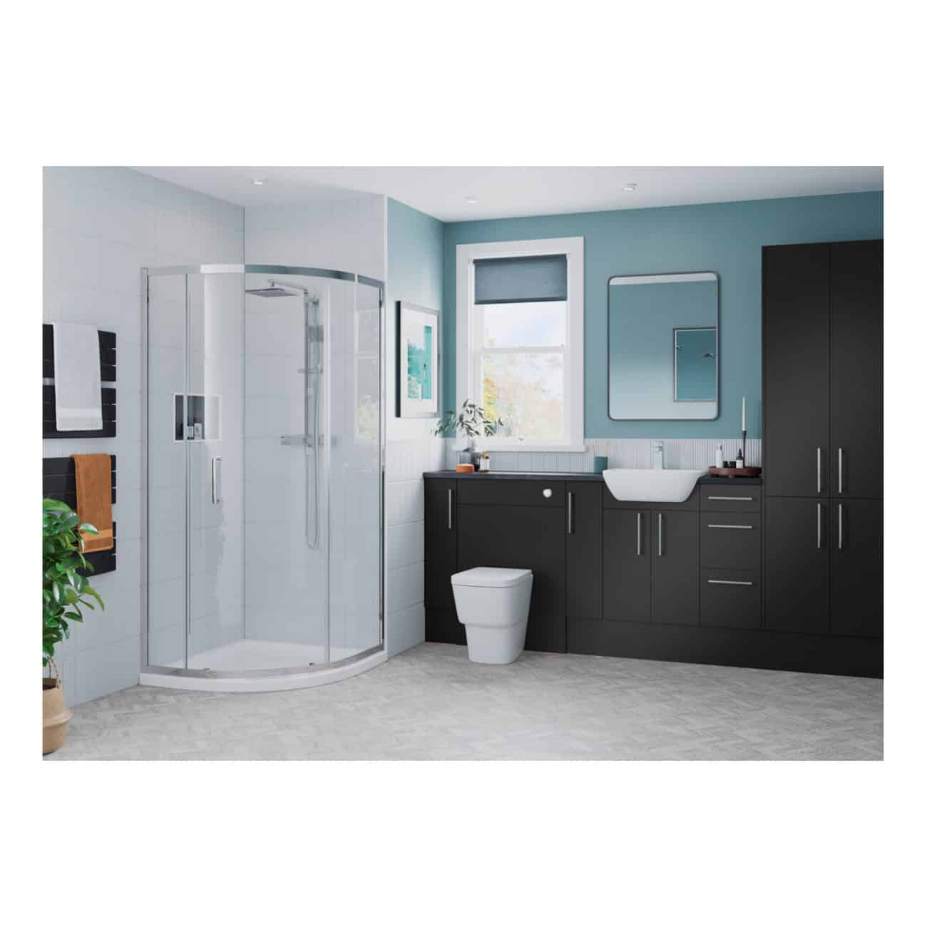 Modern bathroom interior with corner shower enclosure, black vanity units, white toilet, large mirror, and natural light, featuring contemporary design and accessories.