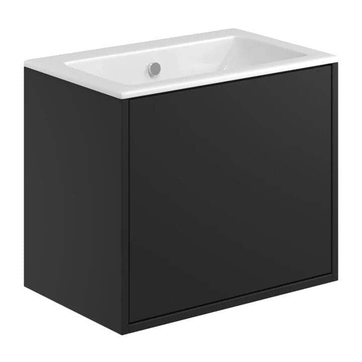 Black bathroom cabinet with integrated white sink, modern design for contemporary bathrooms. Perfect for sleek and stylish bathroom storage solutions.