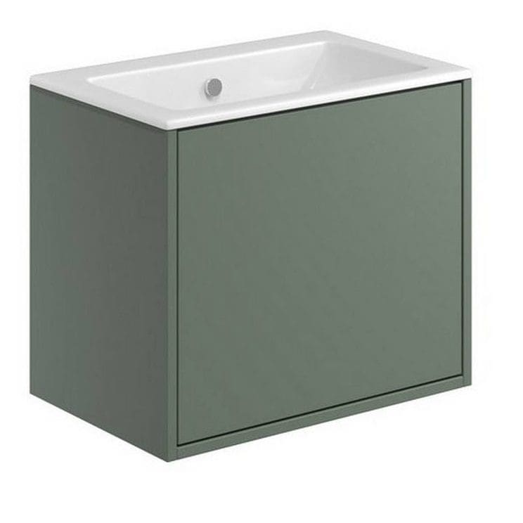 Modern green bathroom vanity with integrated sink and storage cabinet for contemporary Bubly Bathrooms decor.