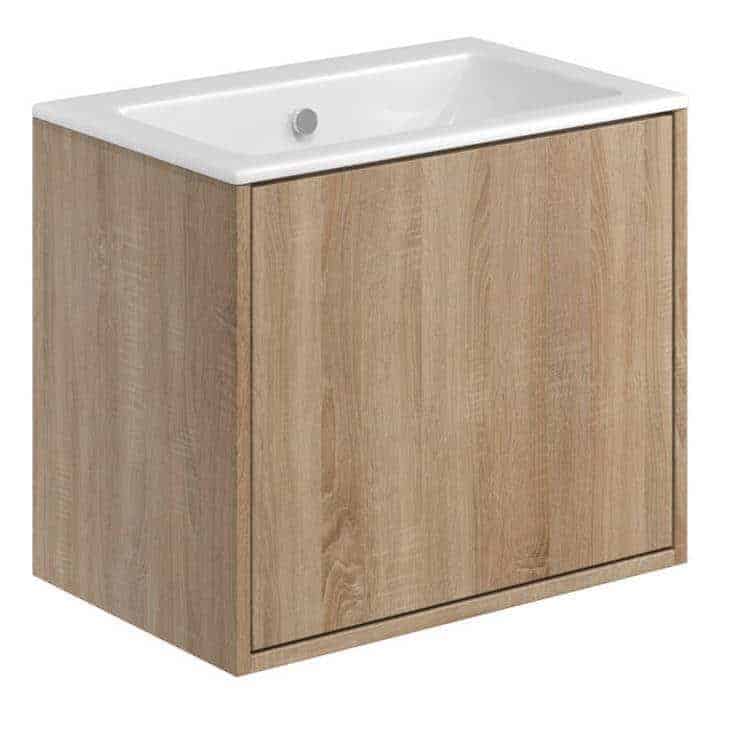 Natural wood bathroom vanity cabinet with integrated sink, stylish and functional for modern bathroom designs. Ideal for storage and enhancing your bathroom decor.
