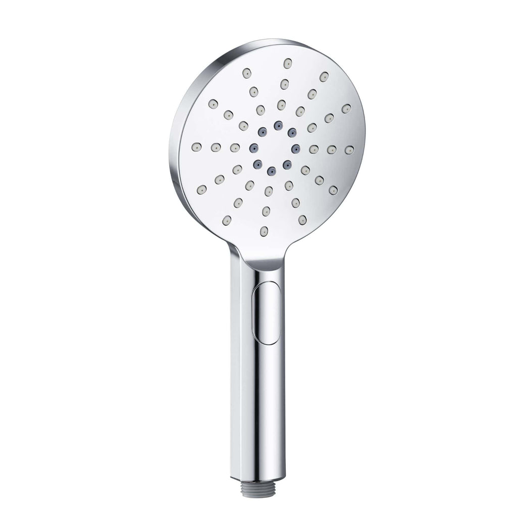 Polished chrome handheld shower head with multiple spray settings, ideal for modern bathroom renovations and high-quality Bubly Bathrooms fixtures.