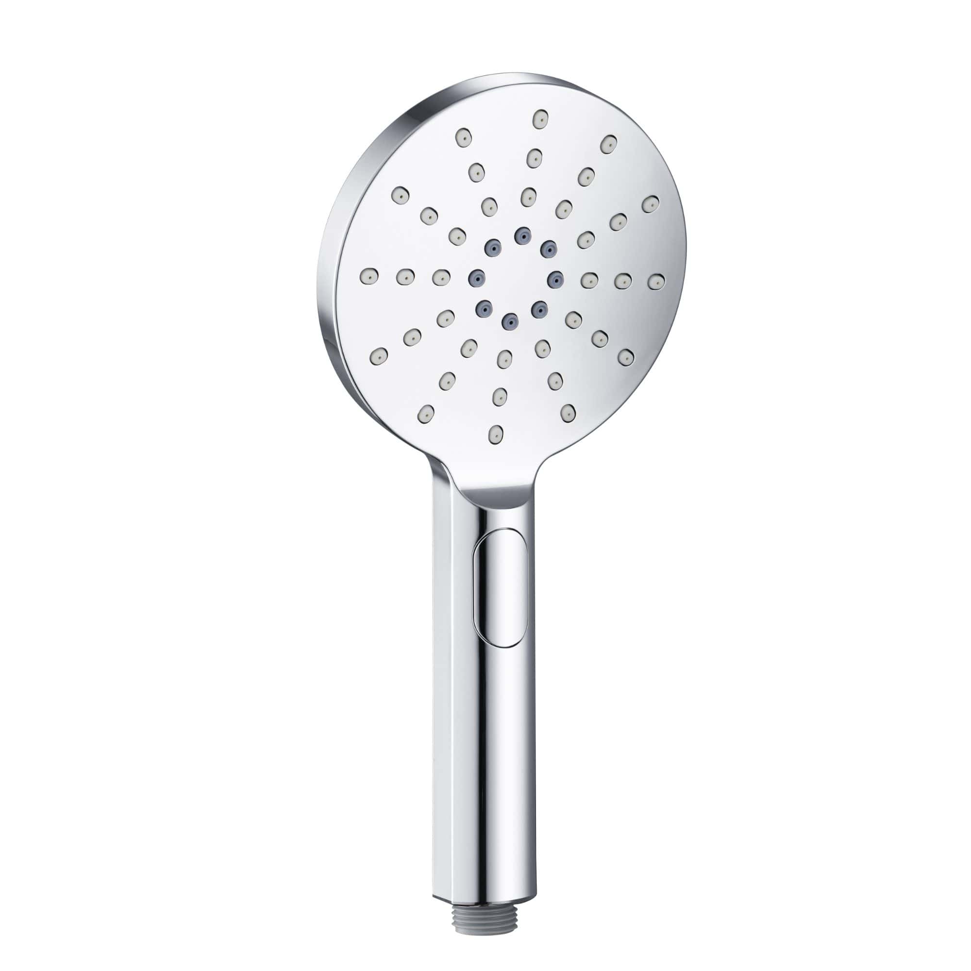 Polished chrome handheld shower head with multiple spray settings, ideal for modern bathroom renovations and high-quality Bubly Bathrooms fixtures.