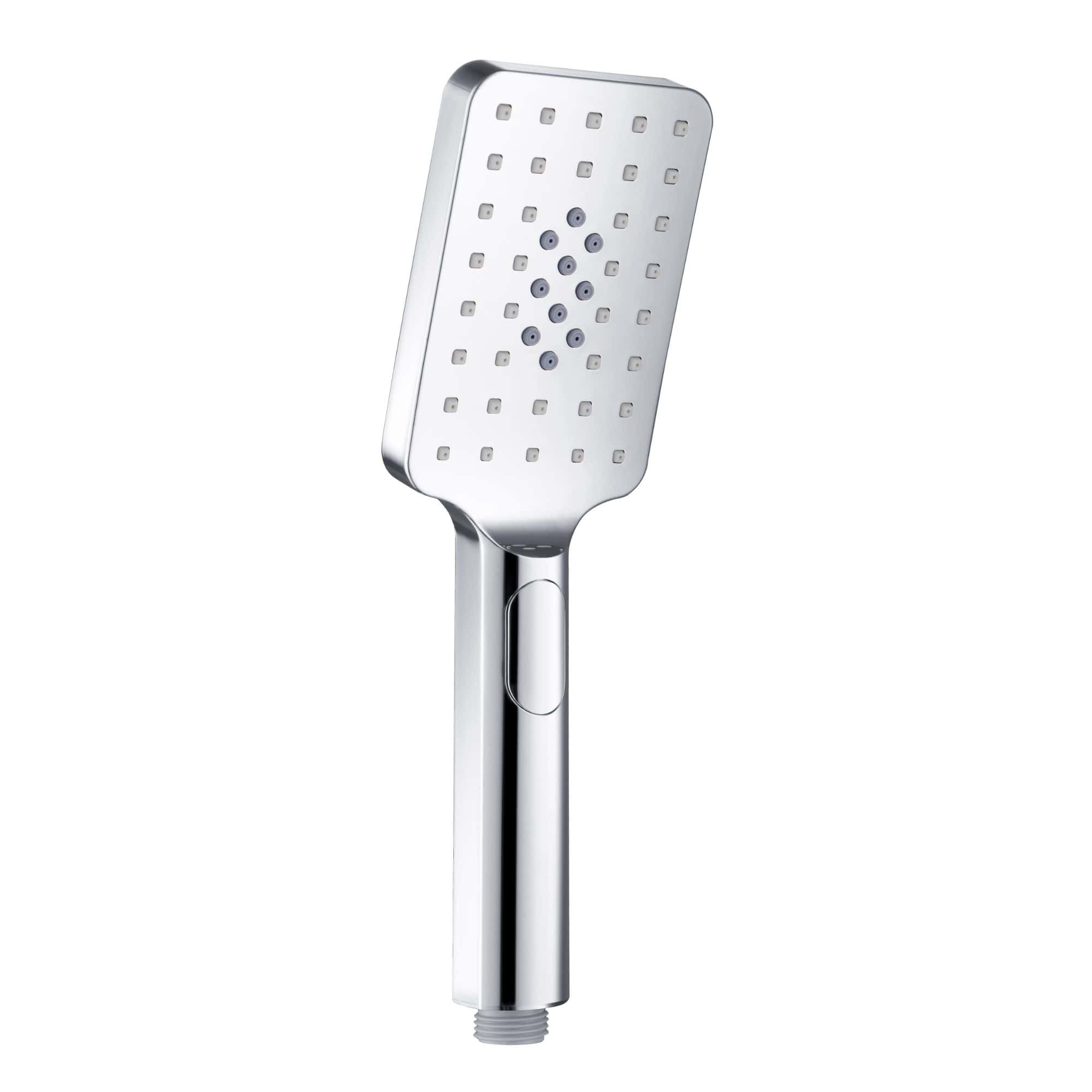 Sleek chrome handheld shower head with multiple spray settings, designed for modern bathrooms. Perfect for enhancing shower experience and adding contemporary style to your bathroom.