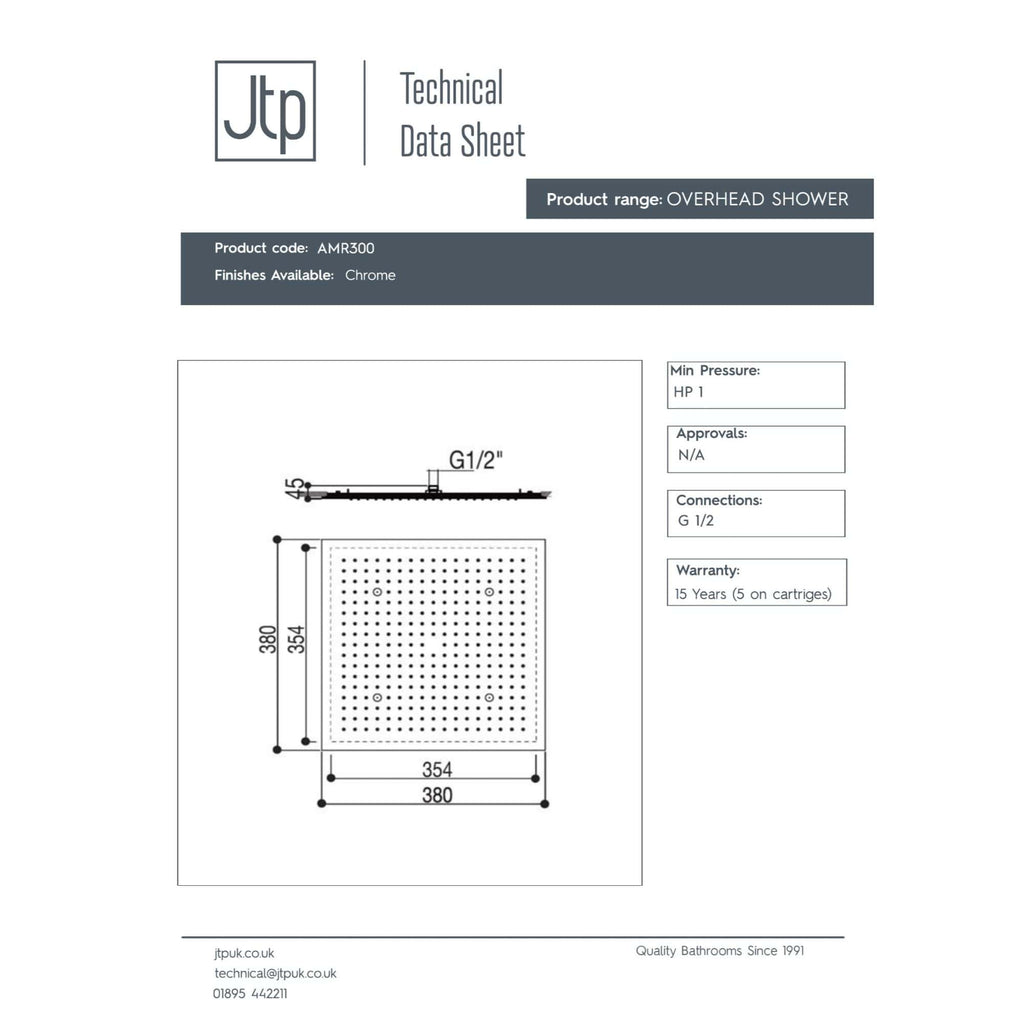 Overhead shower technical data sheet with chrome finish, including dimensions, connection details, and minimum pressure requirements for bathroom installation.